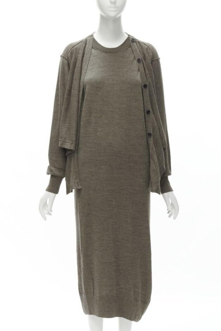 LEMAIRE marrón lana merino mezcla corbata frente cardigan suéter vestido XS Gris en venta