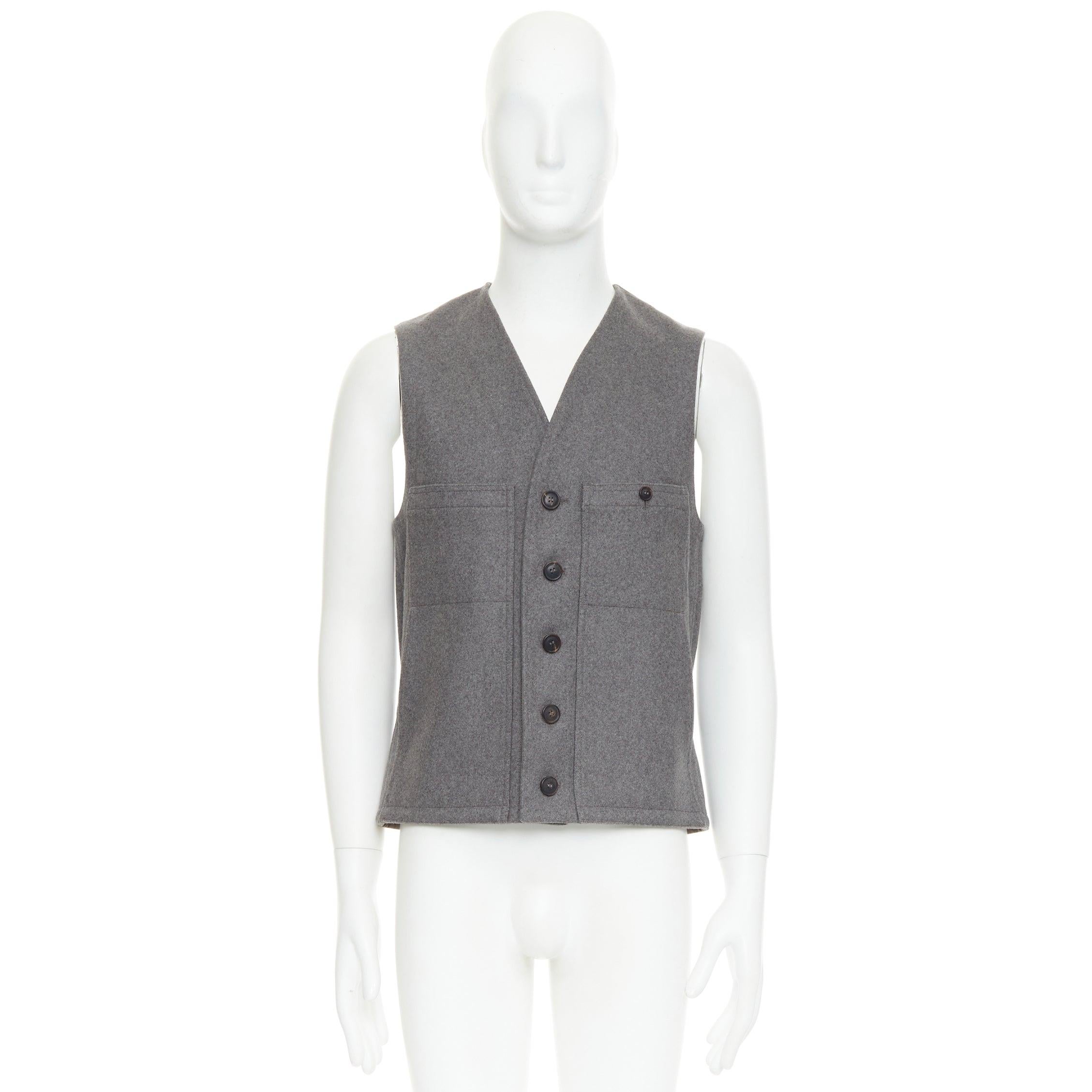 A&M manteau gris 100% laine vierge feutrée boutons en corne poches à la taille gilet Sz.2 M en vente 4