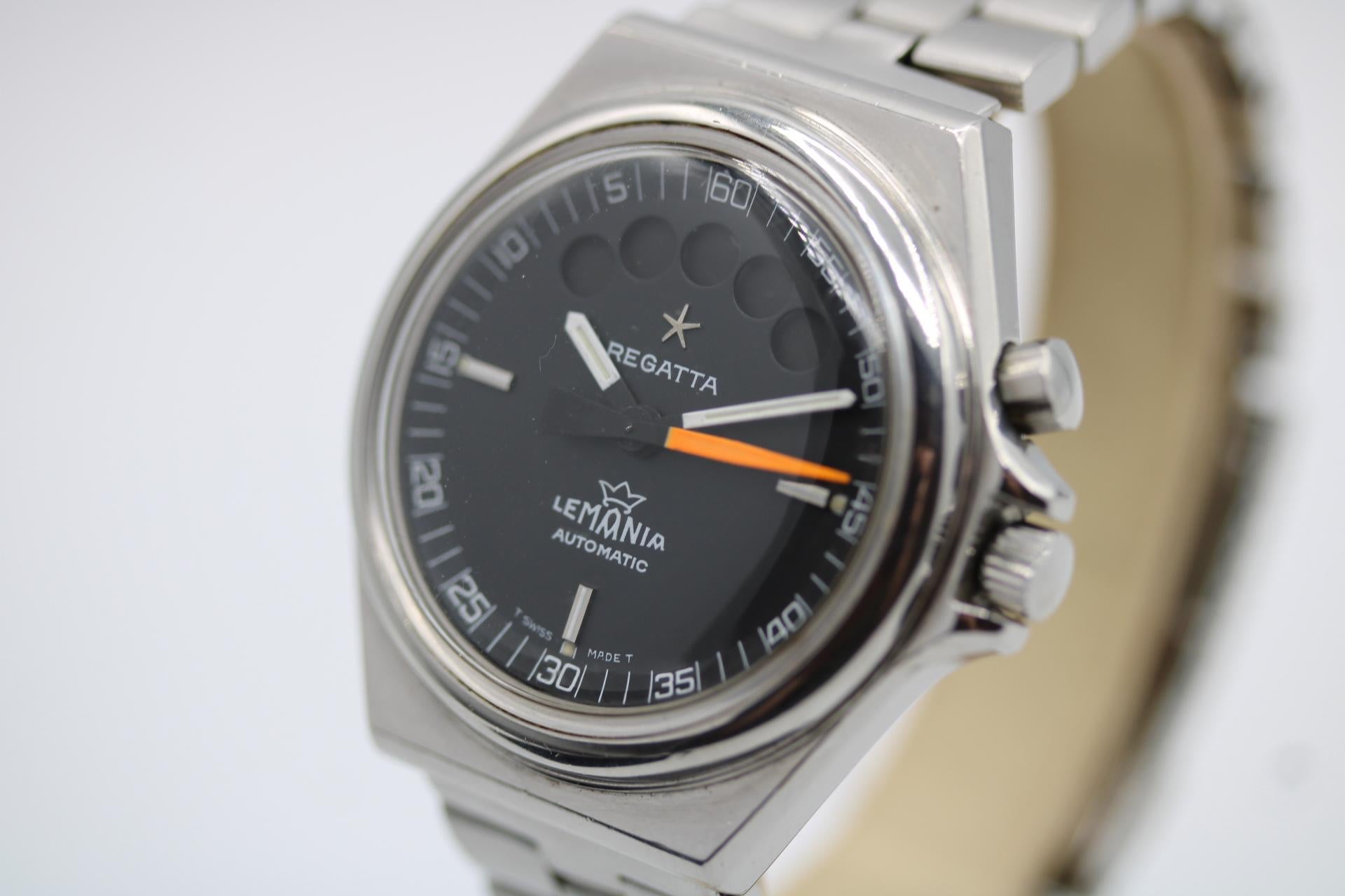 This Lemania Regatta is a rare find! Found in a barn in Scandanavia.
Something certainly different and collectible. These Regatta models don’t turn up often on their original bracelet, dial and hands.

Dated to around 1980’s the Calibre 1345