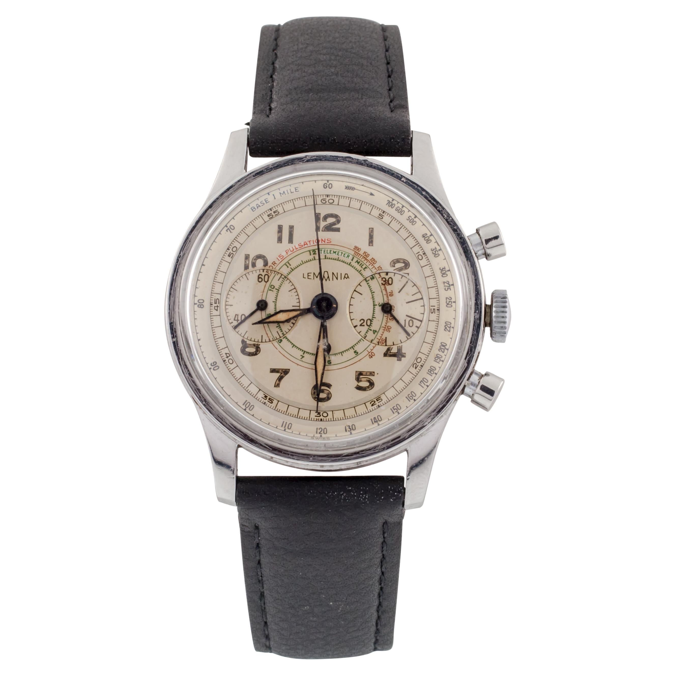 Lemania Stainless Steel 15TL Chronograph Watch Tachymeter 1940s Leather Band For Sale