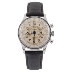 Lemania Stainless Steel 15TL Chronograph Watch Tachymeter 1940s Leather Band