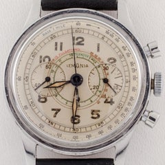 Lemania Stainless Steel 15TL Chronograph Watch Tachymeter 1940s Leather Band