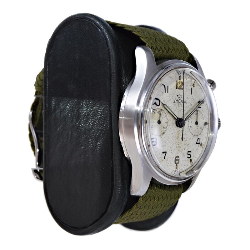 FACTORY / HOUSE:  Lemania Watch Company
STYLE / REFERENCE:  Single Button Chronograph
METAL / MATERIAL:  Stainless Steel
DIMENSIONS: Length 45mm X Diameter 38mm
CIRCA: 1940's / 1950's
MOVEMENT / CALIBER: Manual Winding / 17 Jewels / Gilt Plates
DIAL
