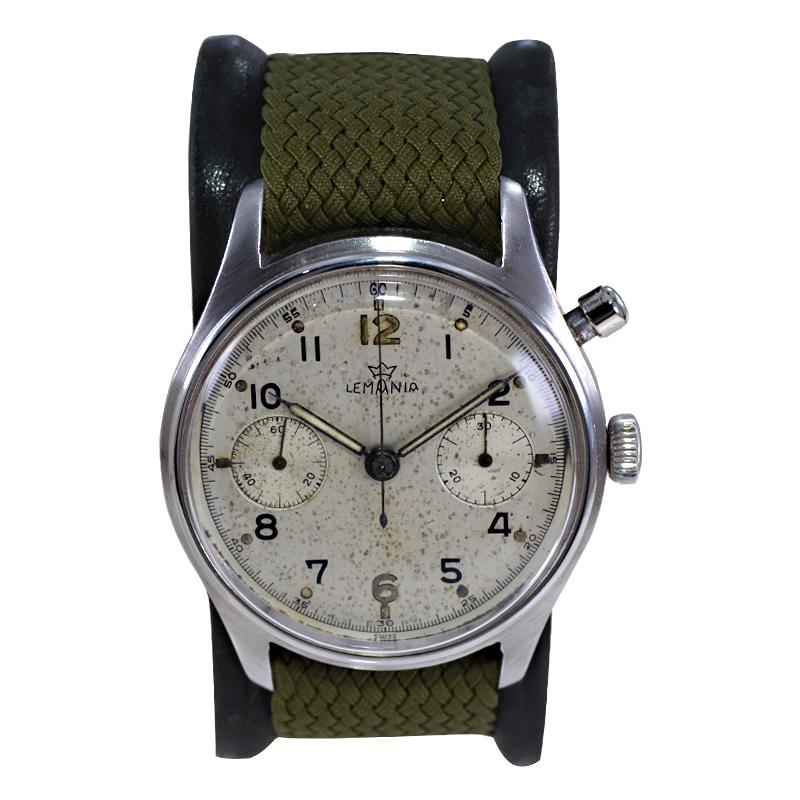 Modernist Lemania Stainless Steel Military Single Button Chronograph Manual Watch For Sale