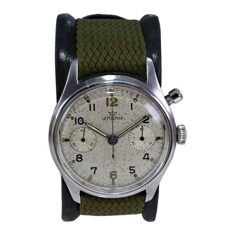 Lemania Stainless Steel Military Single Button Chronograph Manual Watch In Excellent Condition For Sale In Long Beach, CA
