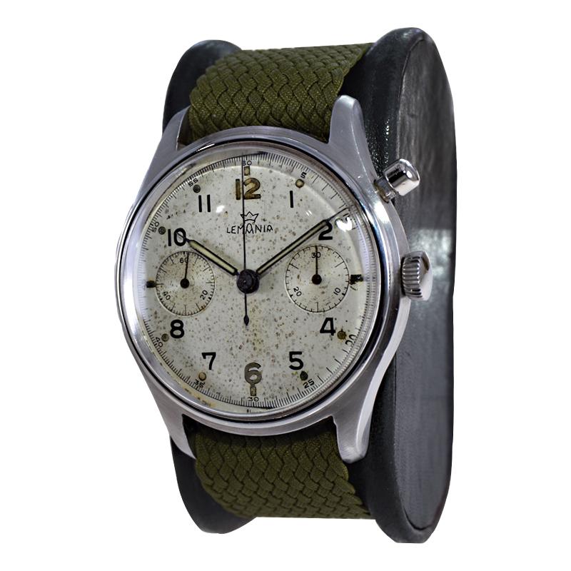 Lemania Stainless Steel Military Single Button Chronograph Manual Watch For Sale 1