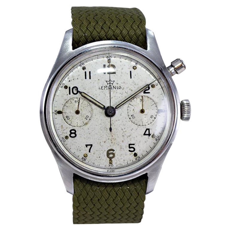 Lemania Reloj Militar de Acero Inoxidable Monobotón Cronógrafo Manual