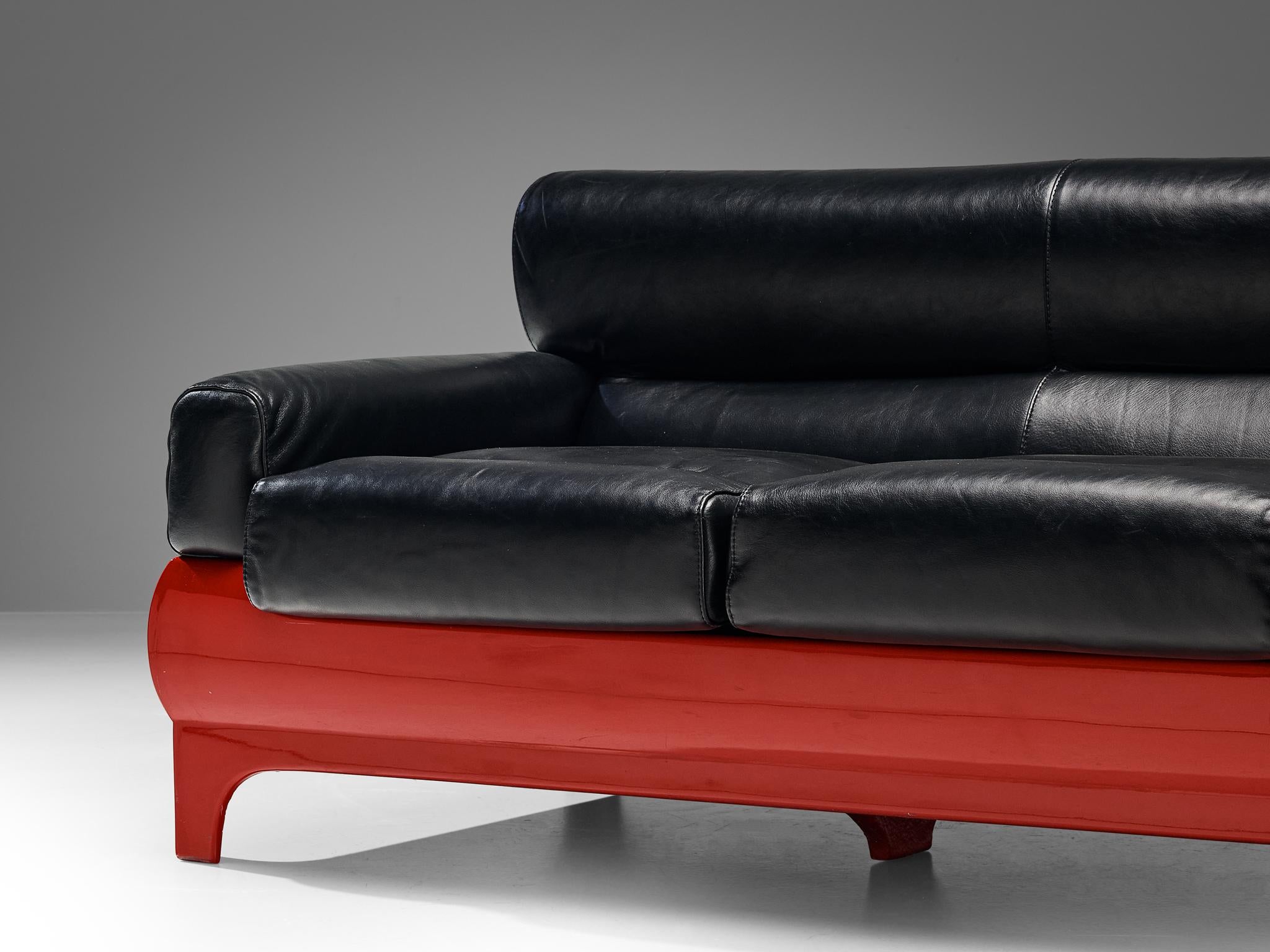 Post-Modern Lemax Italian Sofa in Red Fiberglass and Black Leather  For Sale