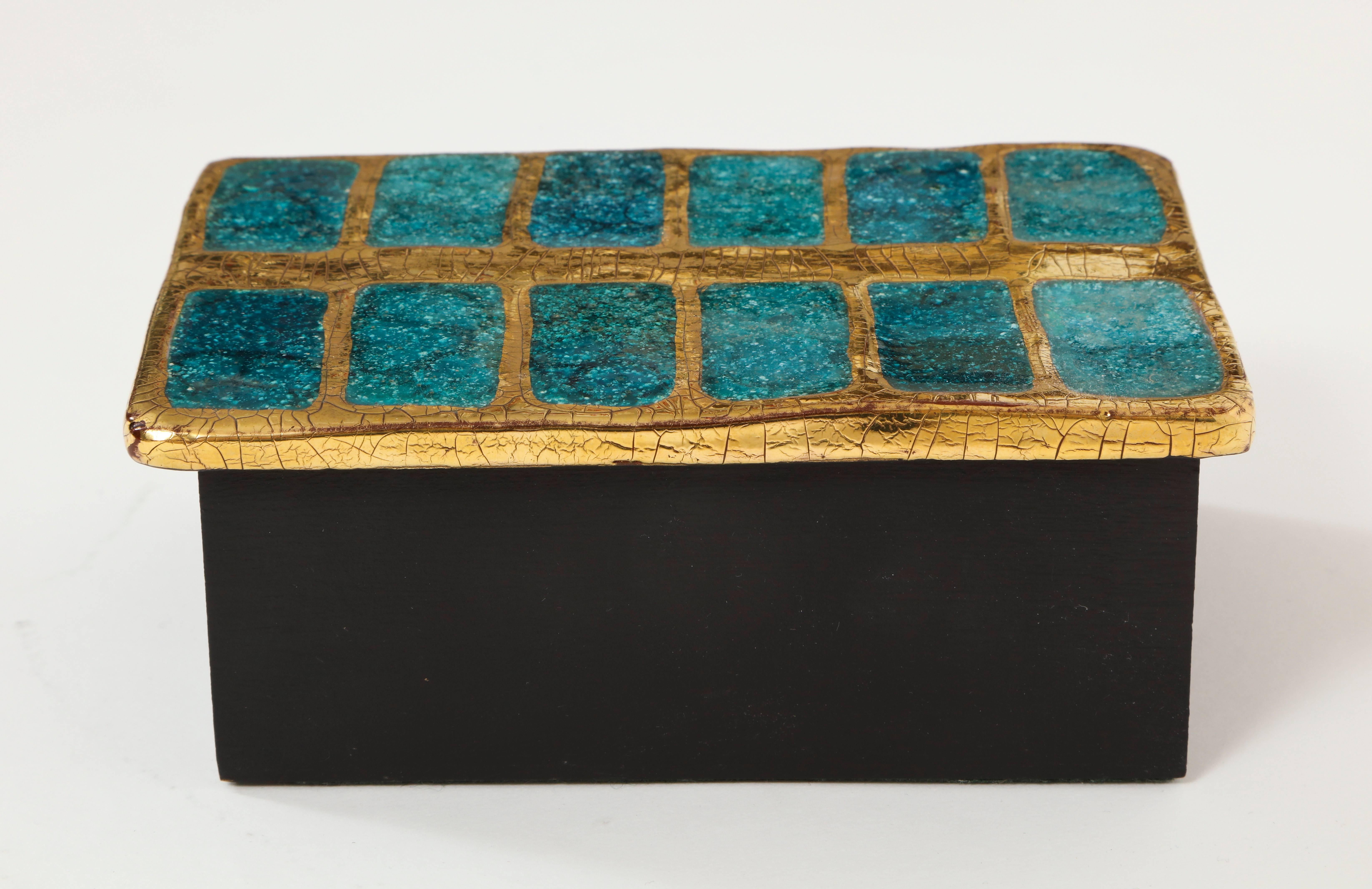 Mid-Century Modern Mithe Espelt Ceramic Gold and Blue Enamel Box, France, 1960