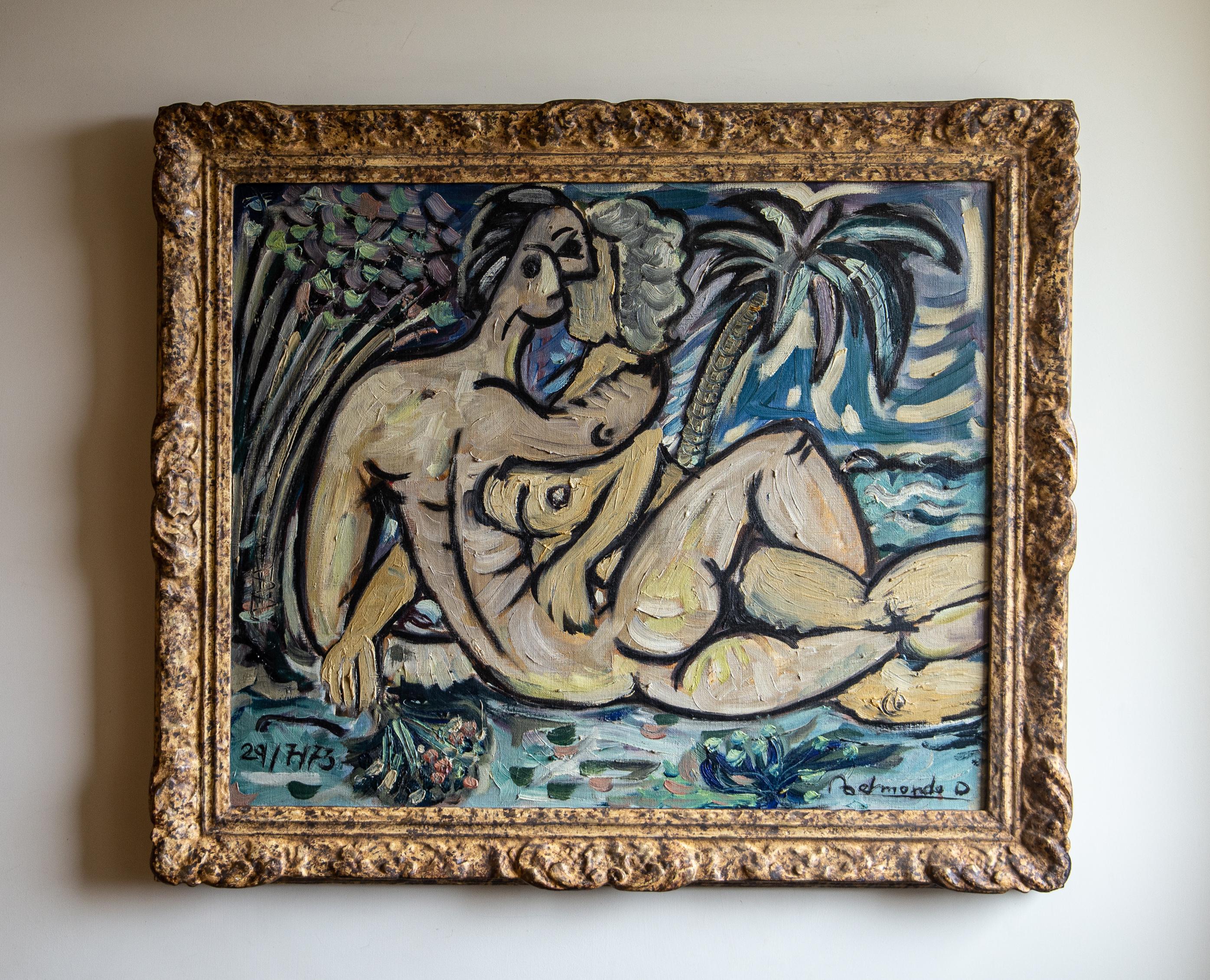 A charming cubist figurative composition of two lovers embraced. Thickly applied paint and strong textural application with vibrant long brush movement lend a fluidity with a highly expressionistic style. Dated 29/7/73 and signed ‘Belmondo’. Mounted
