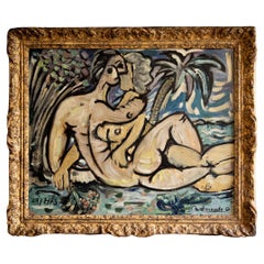 composition figurative cubiste de « L'embrasser » représentant deux amoureux étreints, signée 1973