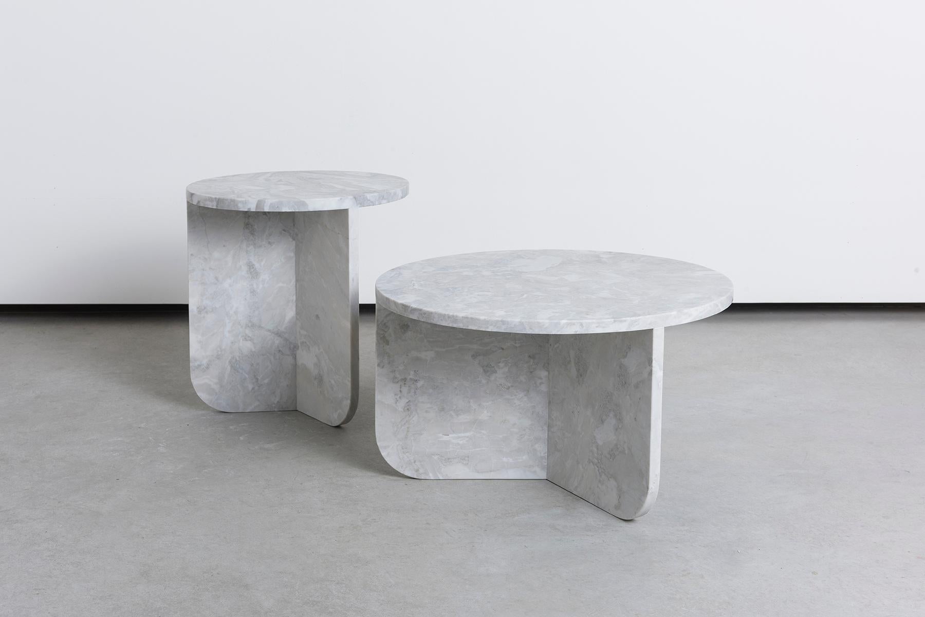 International Style Leme Table, High, by Rain, Contemporary Side Table, Grey Alba Marble For Sale