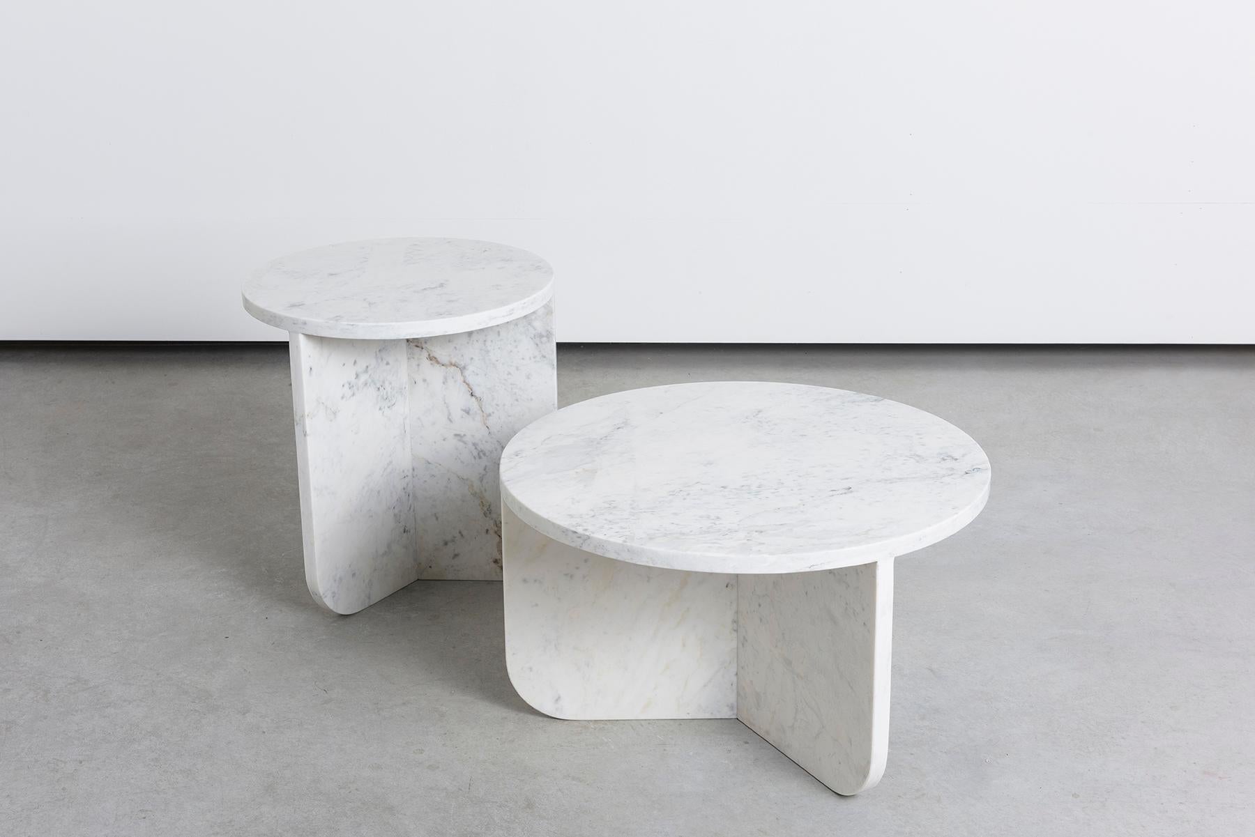 Brazilian Leme Table, Low, by RAIN, Contemporary Side Table, White Matarazzo Marble For Sale