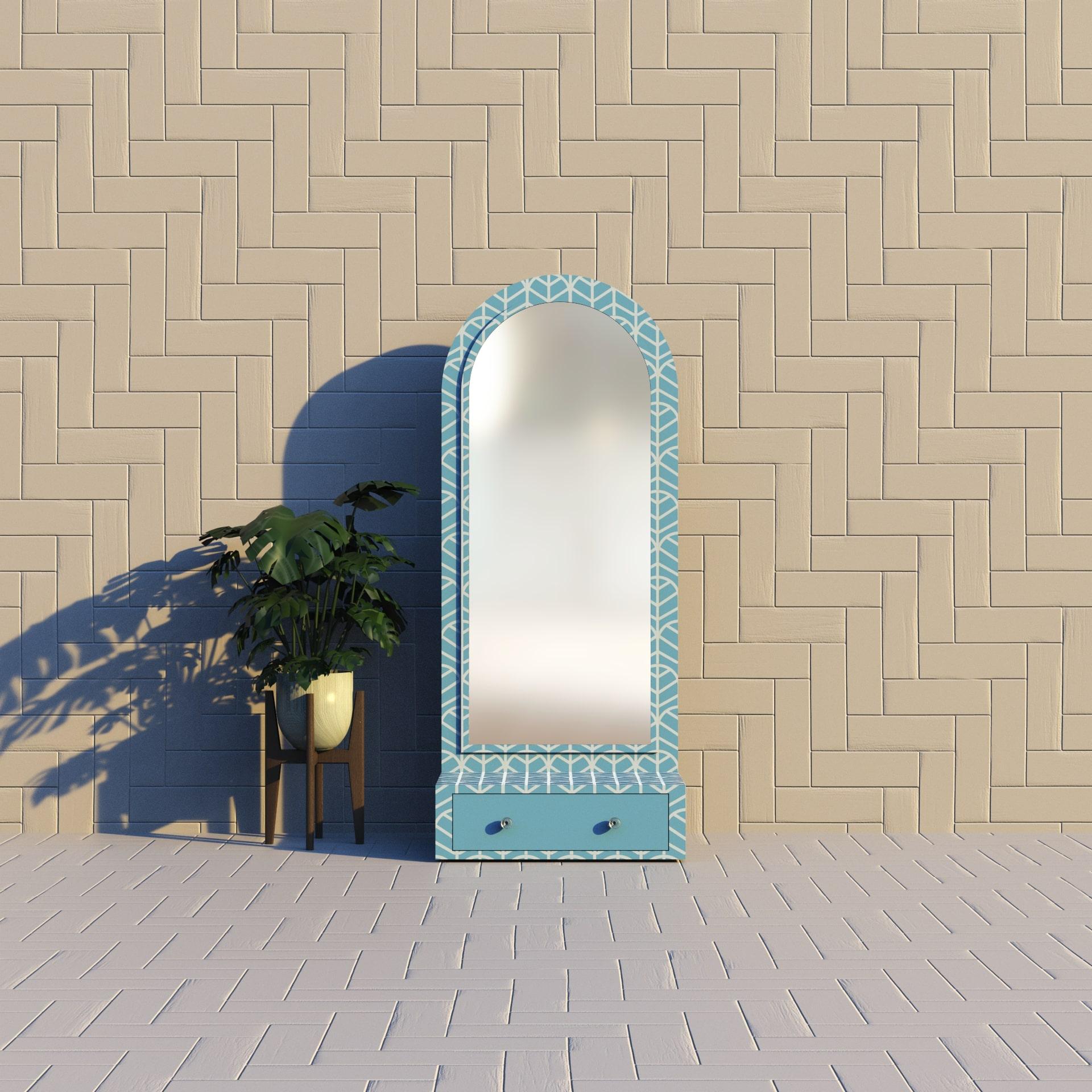 Erhöhen Sie Ihren Raum mit zeitloser Eleganz
Wir stellen den Lemina Collection Mirror vor - einen blauen Bodenspiegel mit einer Schublade an der Unterseite. Inspiriert von Blattmustern, zeigt dieser Spiegel ein kompliziertes Design, das seiner