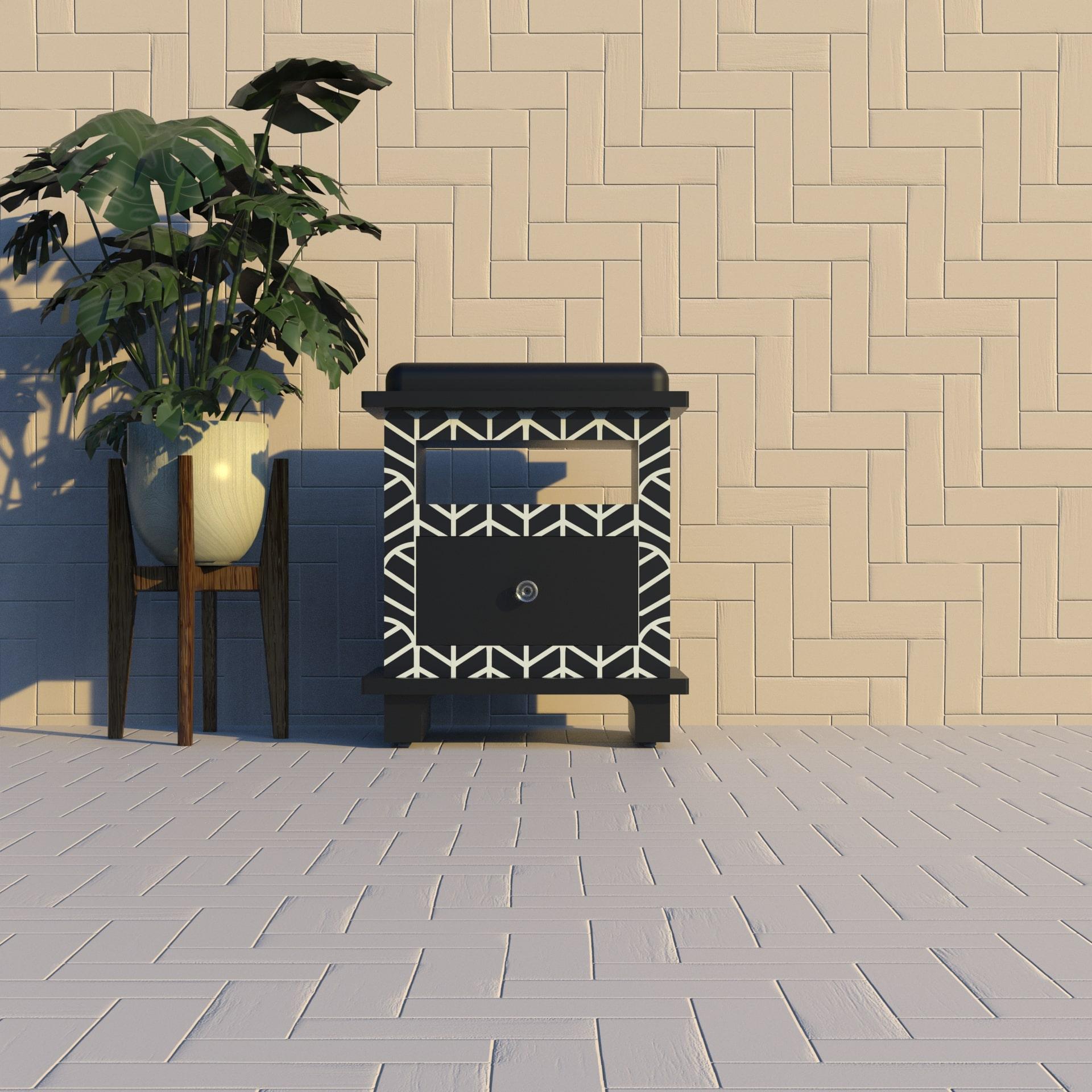 Enhance your space with the artisanal charm of the Lemina Inlay side table. Meticulously handcrafted by skilled artisans, this exquisite piece features a striking geometric inlay pattern, blending traditional craftsmanship with modern design. Each