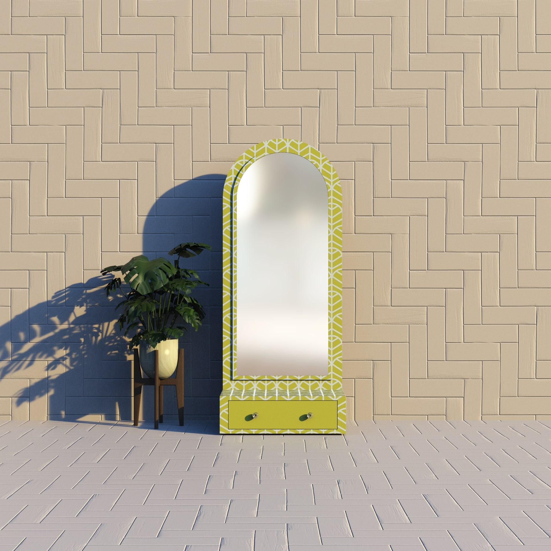Eleva il tuo A Space con un'Eleganza senza tempo
Ti presentiamo il Mirrors Collective Lemina, uno specchio da terra giallo limone con un cassetto sul fondo. Ispirato al motivo delle foglie, questo specchio presenta un design intricato che aggiunge