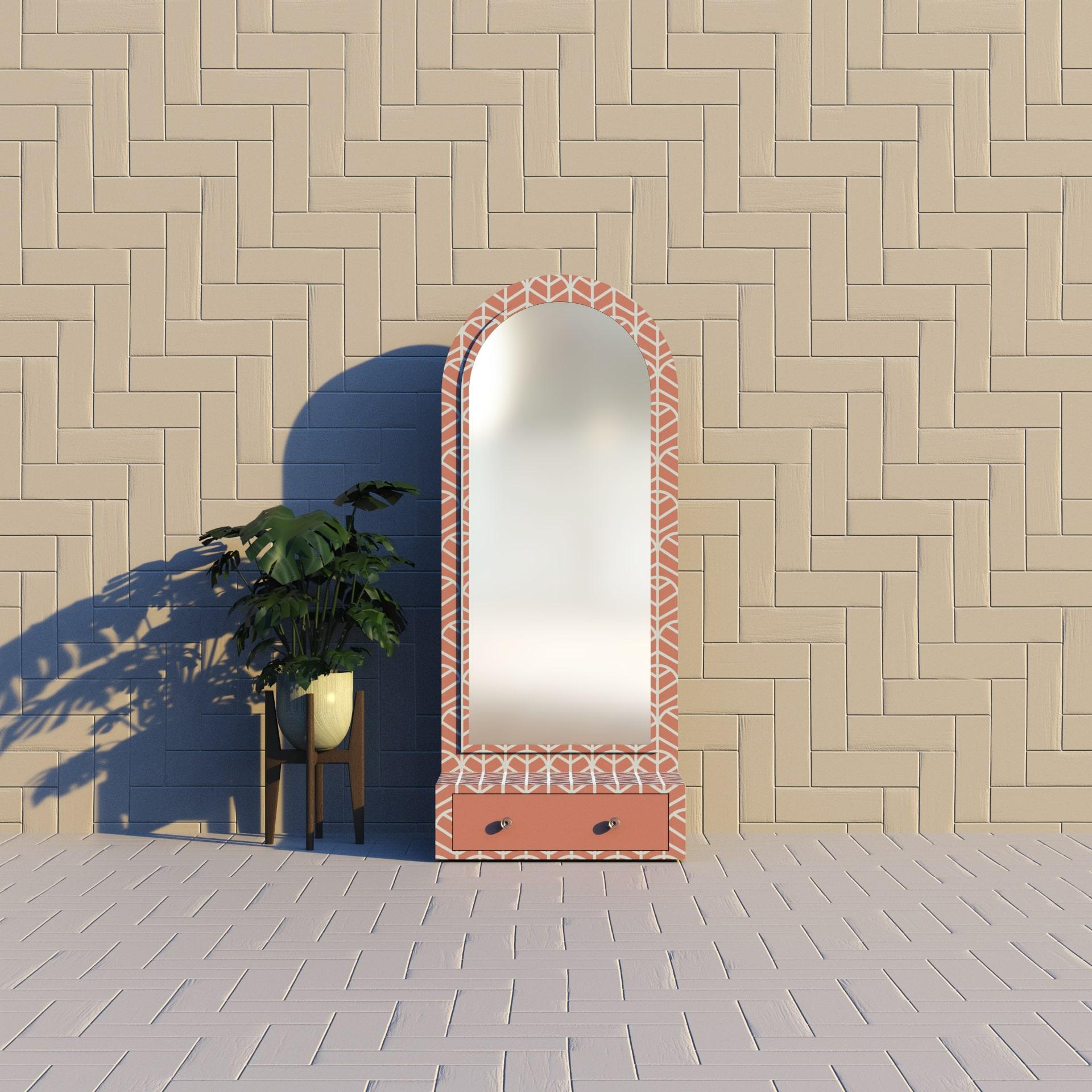 Erhöhen Sie Ihren Raum mit zeitloser Eleganz
Wir stellen den Lemina Collection Mirror vor - einen rosafarbenen Bodenspiegel mit einer Schublade an der Unterseite. Inspiriert von Blattmustern, zeigt dieser Spiegel ein kompliziertes Design, das seiner