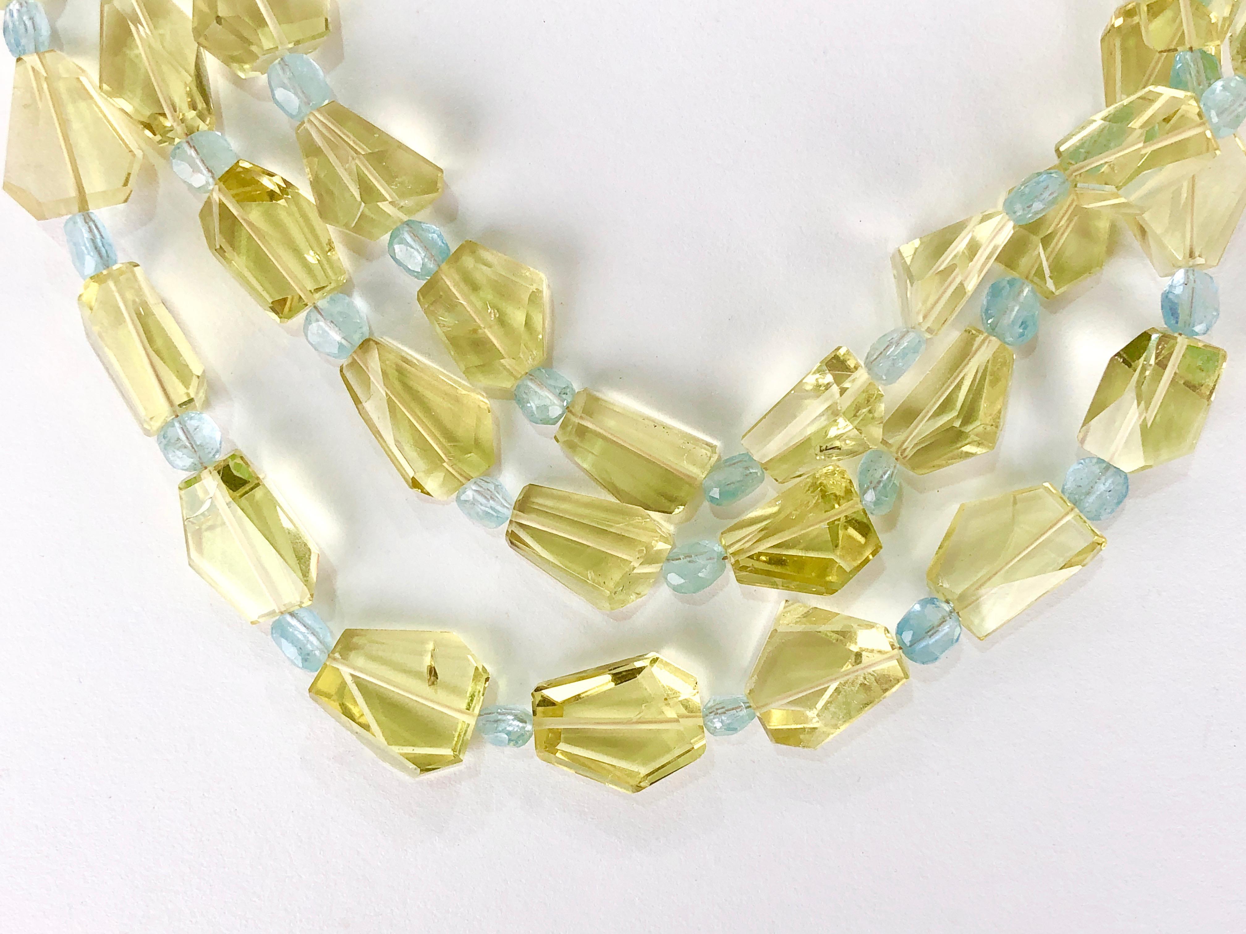 A vivid and brilliant necklace! Turn heads in Susan Lister Locke's Lemon Citrine and Aquamarine Three Strand Necklace. The layered look of the necklace caters to modern style and allows the precious gem stones to truly stand out. The necklace is