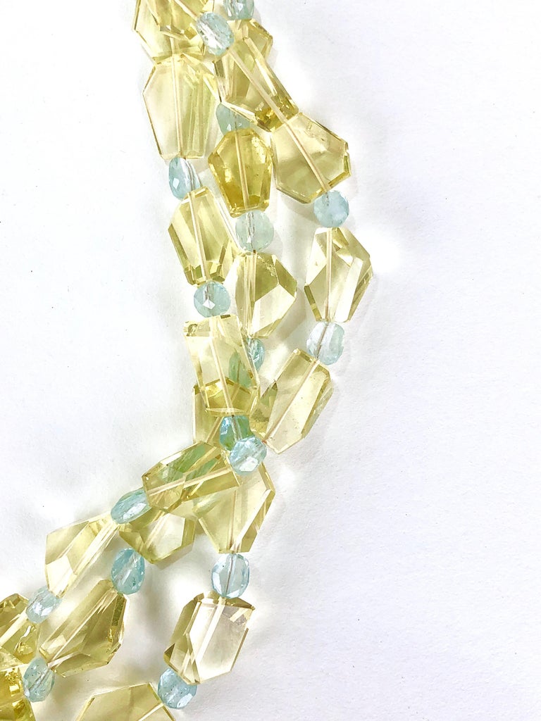 Lemon Citrine and Aquamarine Three Strand Necklace with 18 Karat Gold Clasp For Sale at 1stdibs