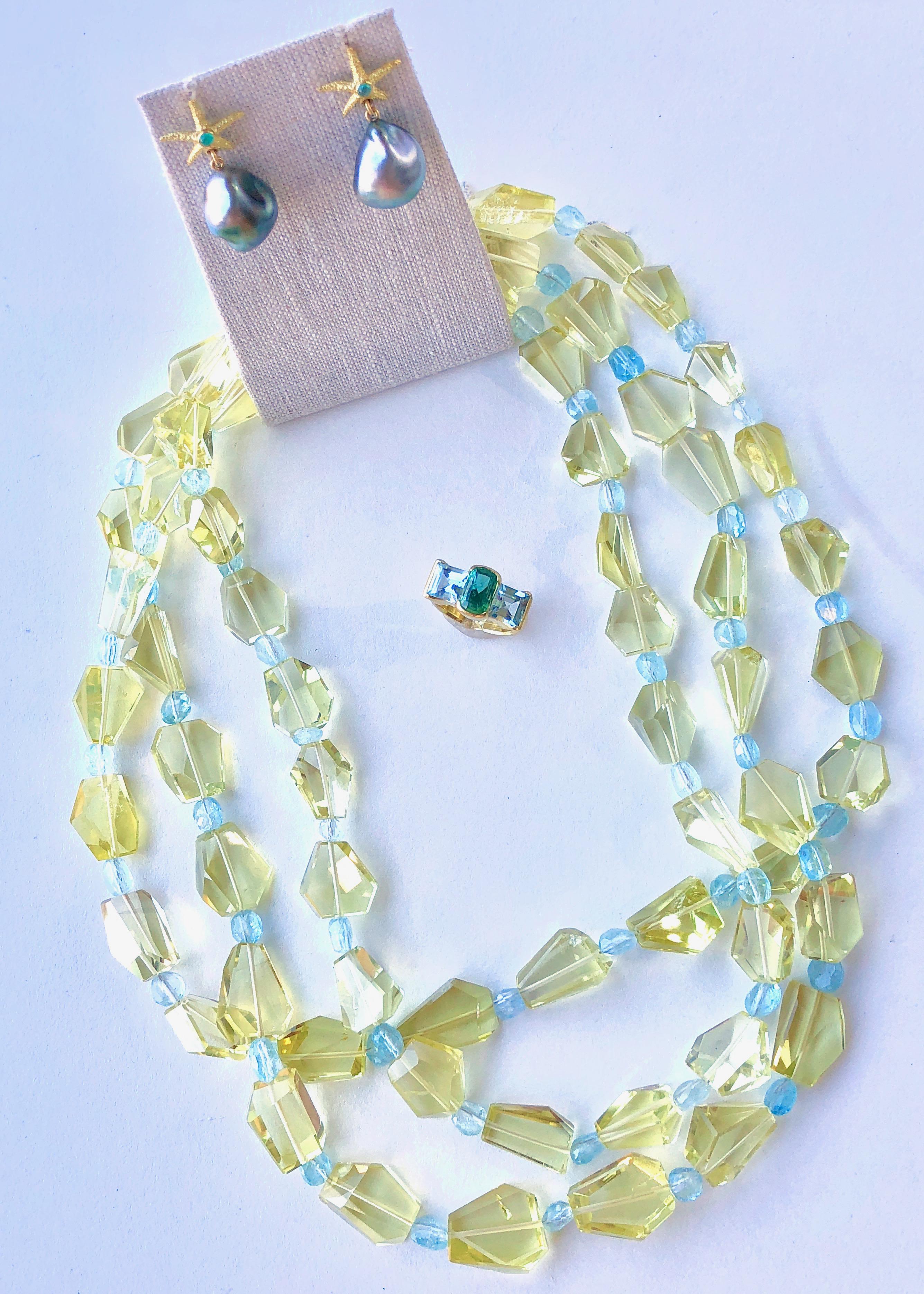 Mixed Cut Susan Lister Locke Lemon Citrine and Aquamarine Three Strand Necklace For Sale