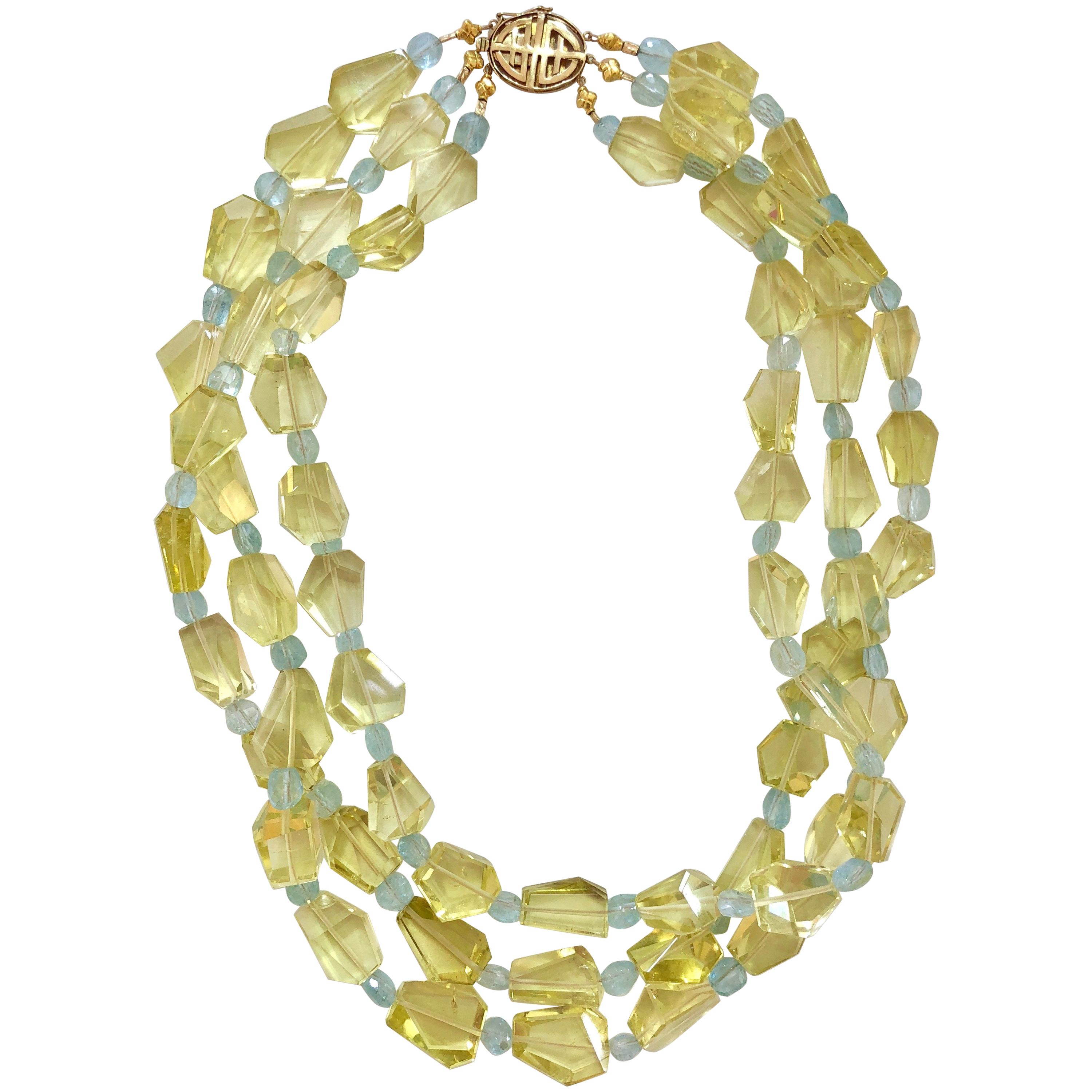 Susan Lister Locke Lemon Citrine and Aquamarine Three Strand Necklace For Sale