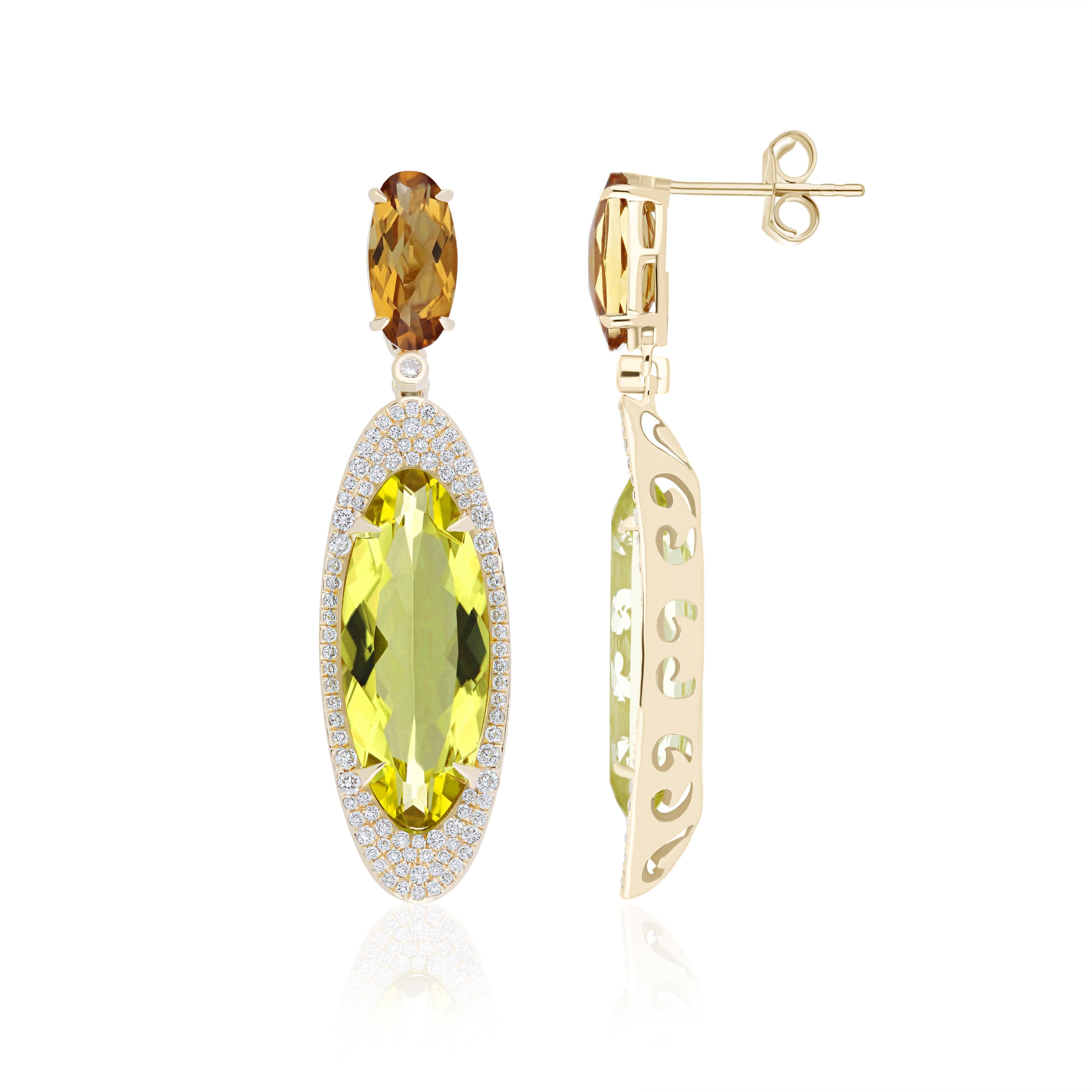 Elegant and Exquisitely Detailed 14Karat Yellow Gold Earring in Oval Shape Lemon Citrine weighing approx. 12.88Cts, & Citrine in Oval Shape with weighing approx. 2.54Cts and micro prove Set Diamond weighing approx. 0.68Cts Beautifully Hand-Crafted