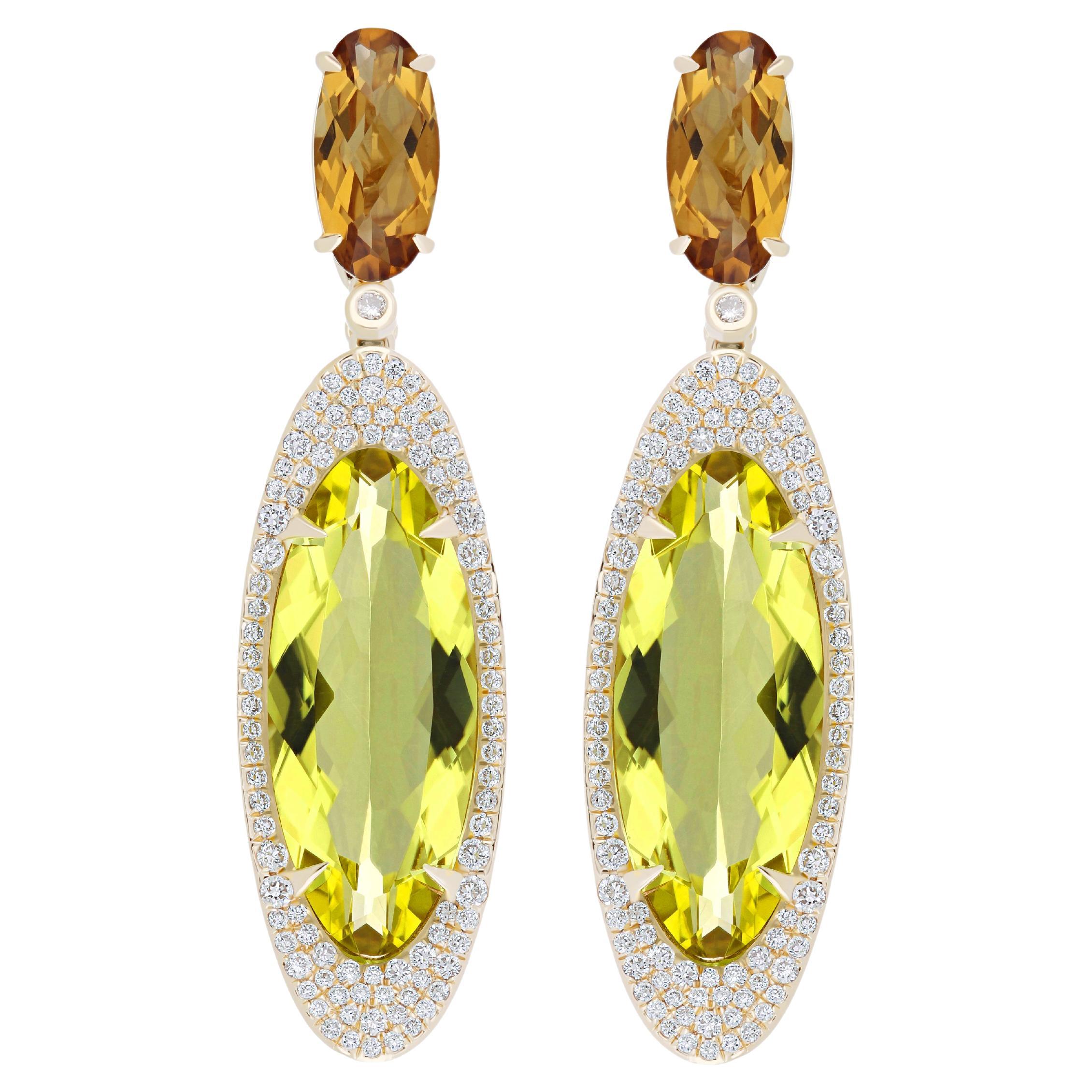 Lemon Citrine, Citrine and Diamond Earring 14 karat Yellow Gold Studded Earring For Sale