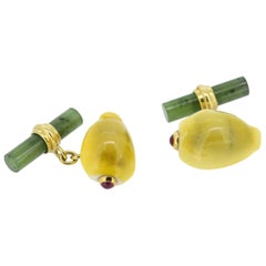 Antique Lemon Cufflinks in Yellow Enamel and Ruby in 18 Karat Yellow Gold