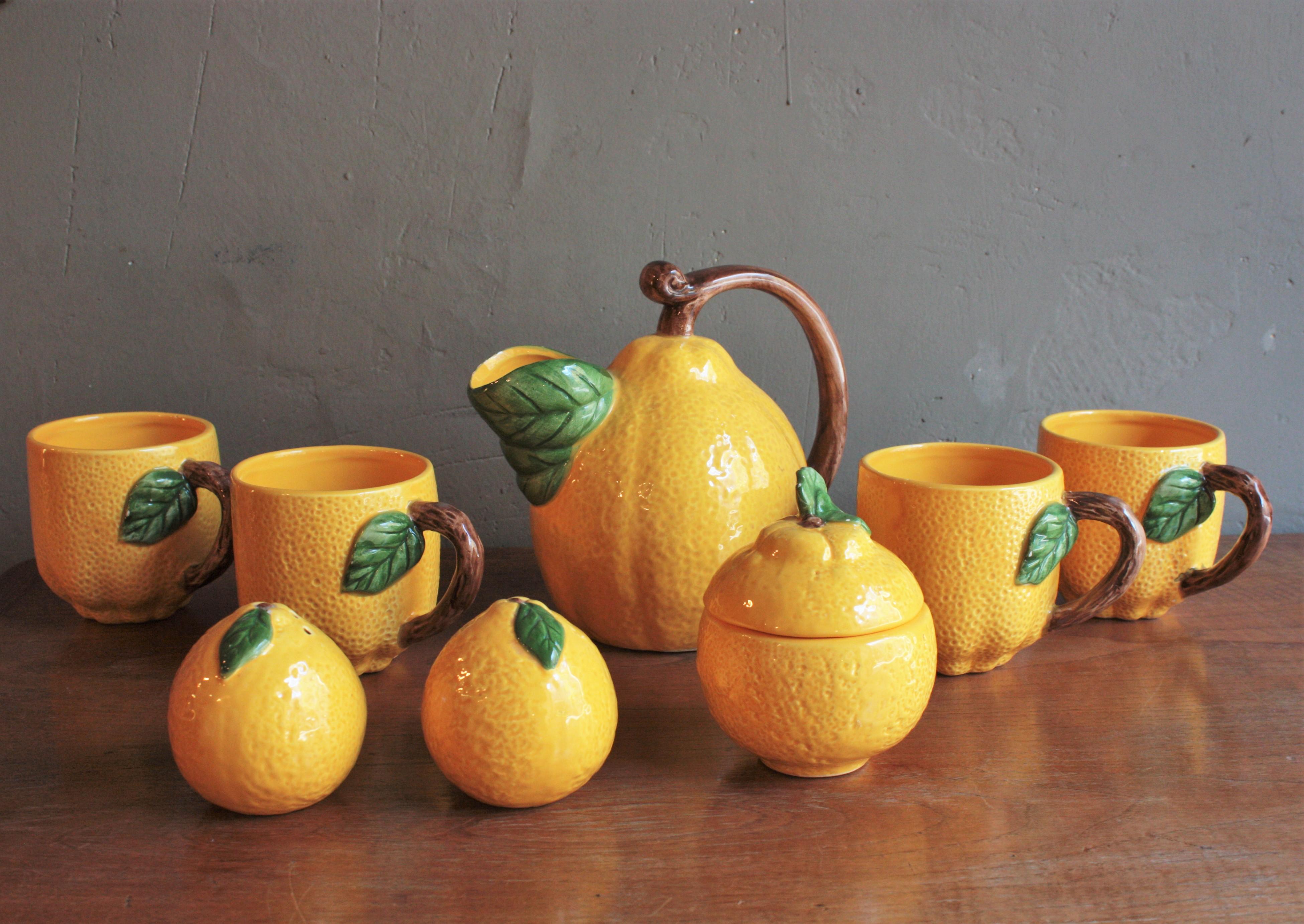 20th Century Lemon Glazed Ceramic Majolica Salt and Pepper Shakers & Sugar Bowl