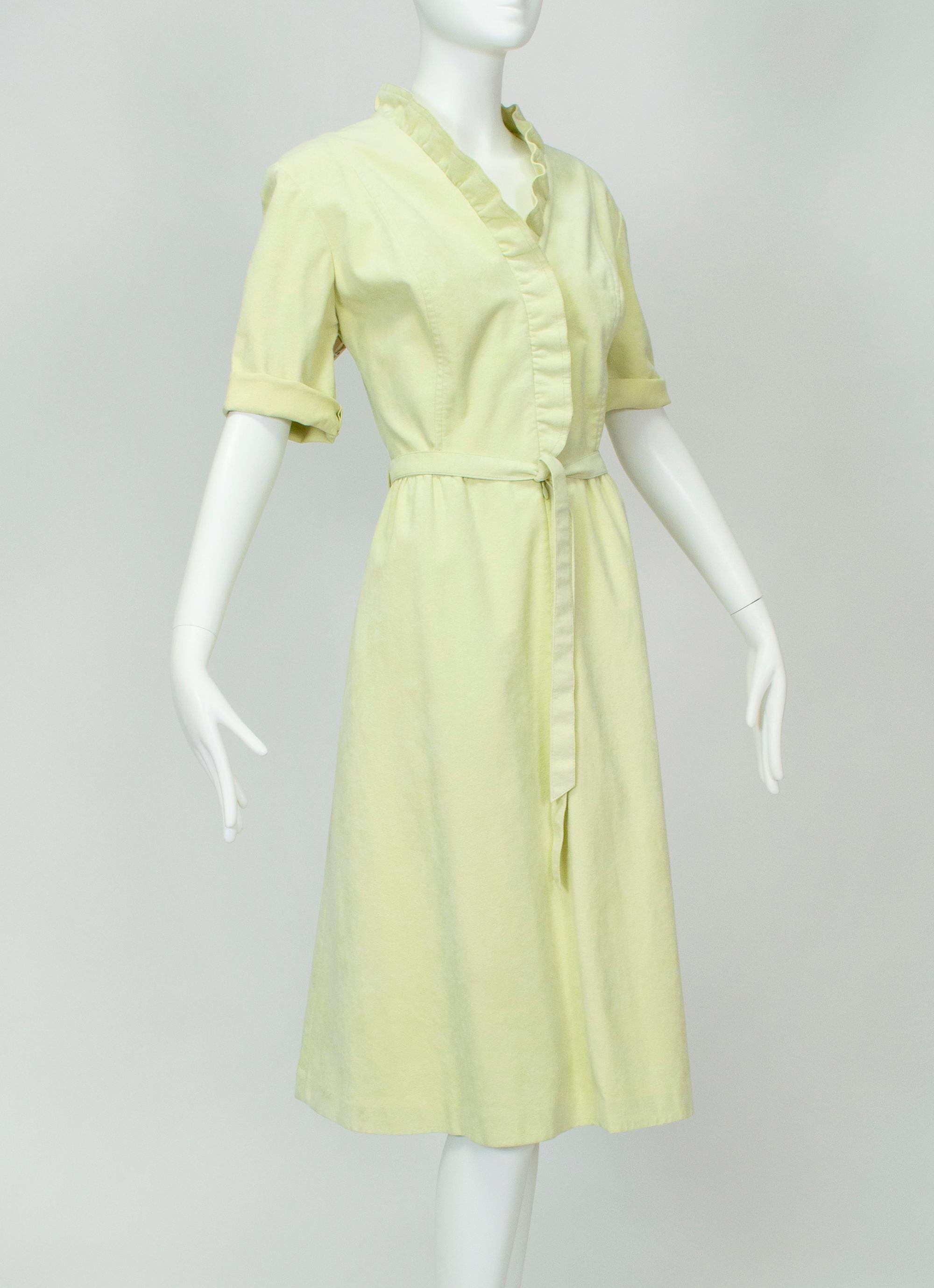 A perfect balance between boho romanticism and preppy polish, this dress is as easy to wear as a bathrobe and almost as comfortable. Its unusual color and ruffled lettuce edge keep it stylish, while the easy-care fabric is both packable and
