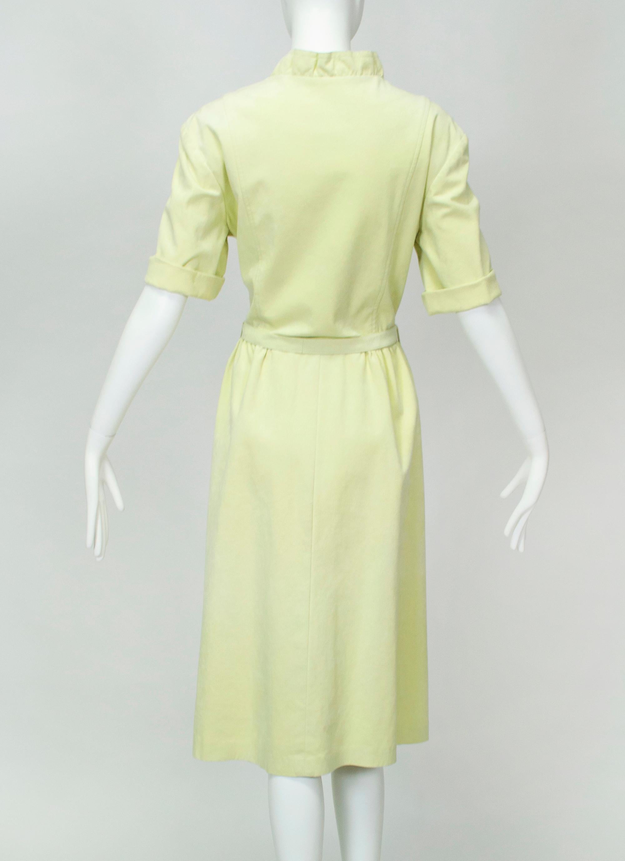 Green Lemon-Lime Ultrasuede Belted Shirt Dress w Lettuce Edge Placket – M, 1970s For Sale