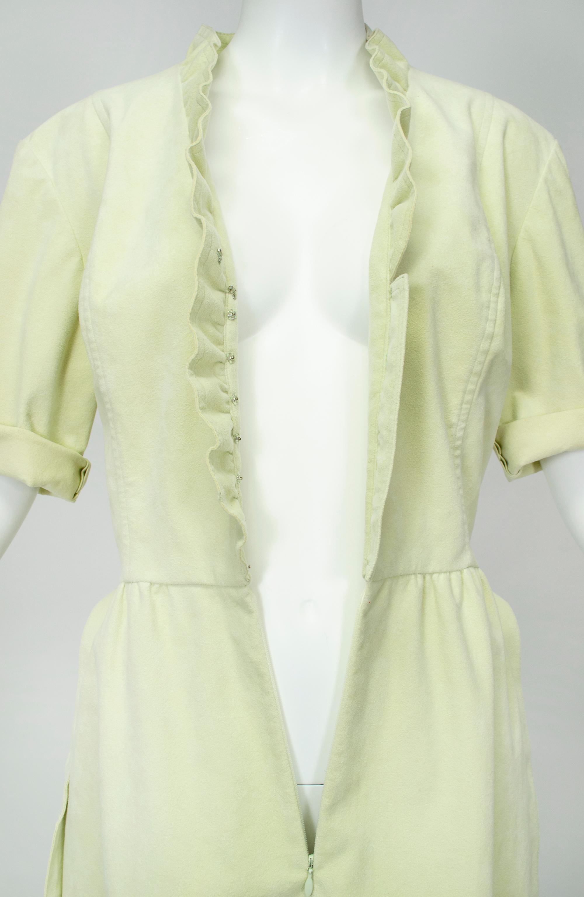 Lemon-Lime Ultrasuede Belted Shirt Dress w Lettuce Edge Placket – M, 1970s For Sale 4