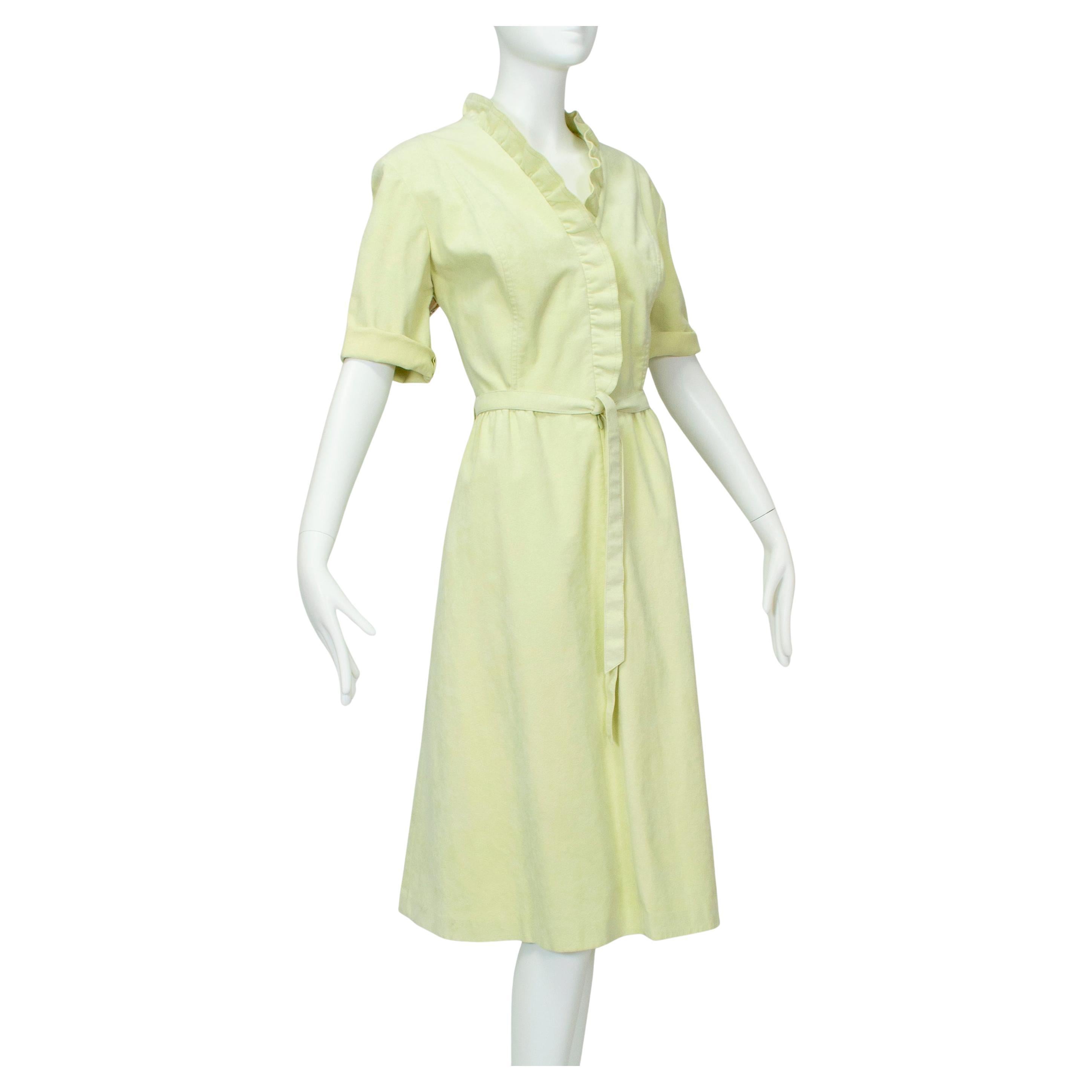 Lemon-Lime Ultrasuede Belted Shirt Dress w Lettuce Edge Placket – M, 1970s For Sale
