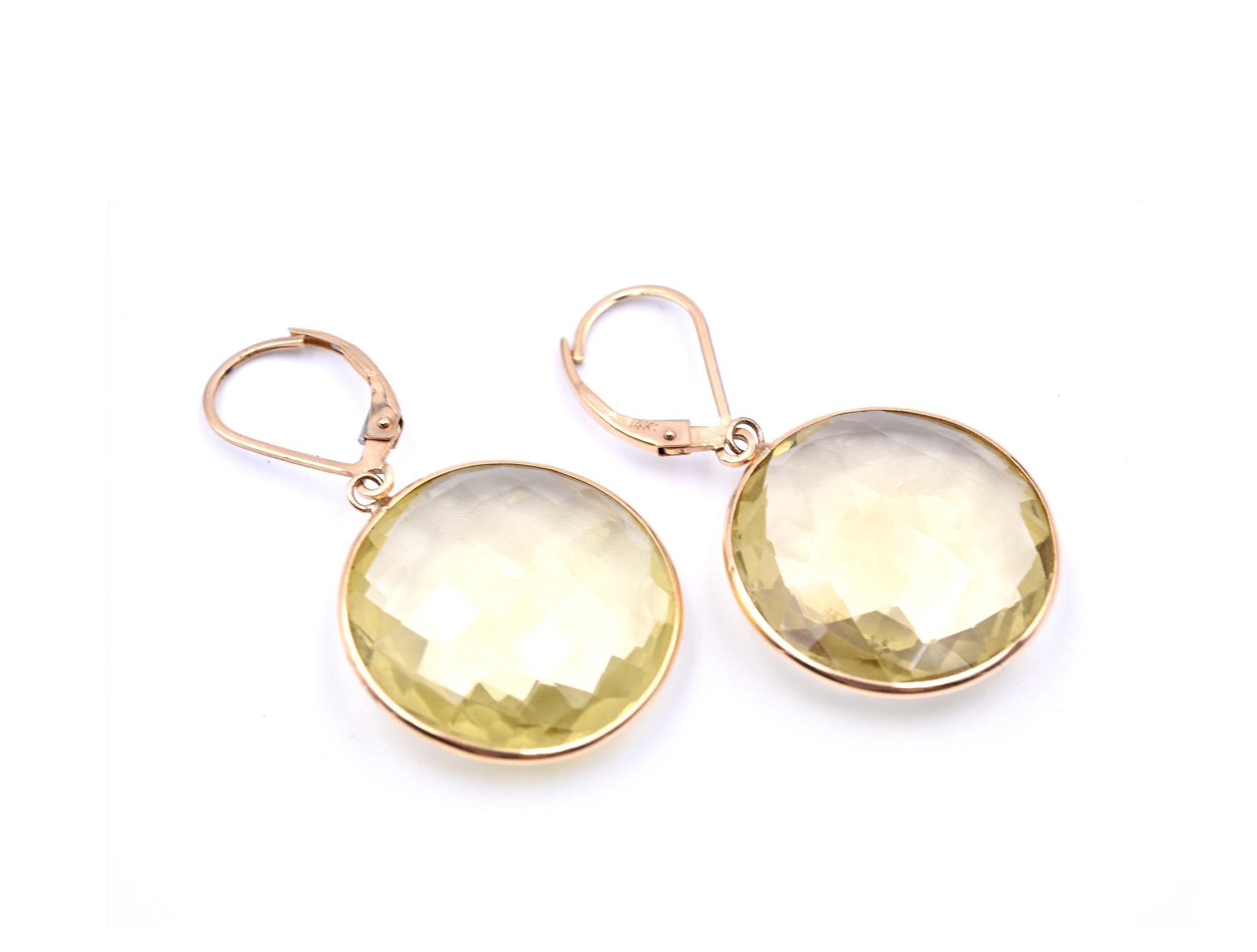 Designer: custom design
Material: 14k yellow gold
Gemstones: checkerboard cut lemon quartz
Dimensions: earrings 1 1/2-inch long, lemon quartz is 3/4-inch wide
Weight: 8.30 grams
