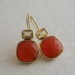 Lemon Quartz and Carnelian Gold Plated Sterling Silver Drop Dangle Earrings
