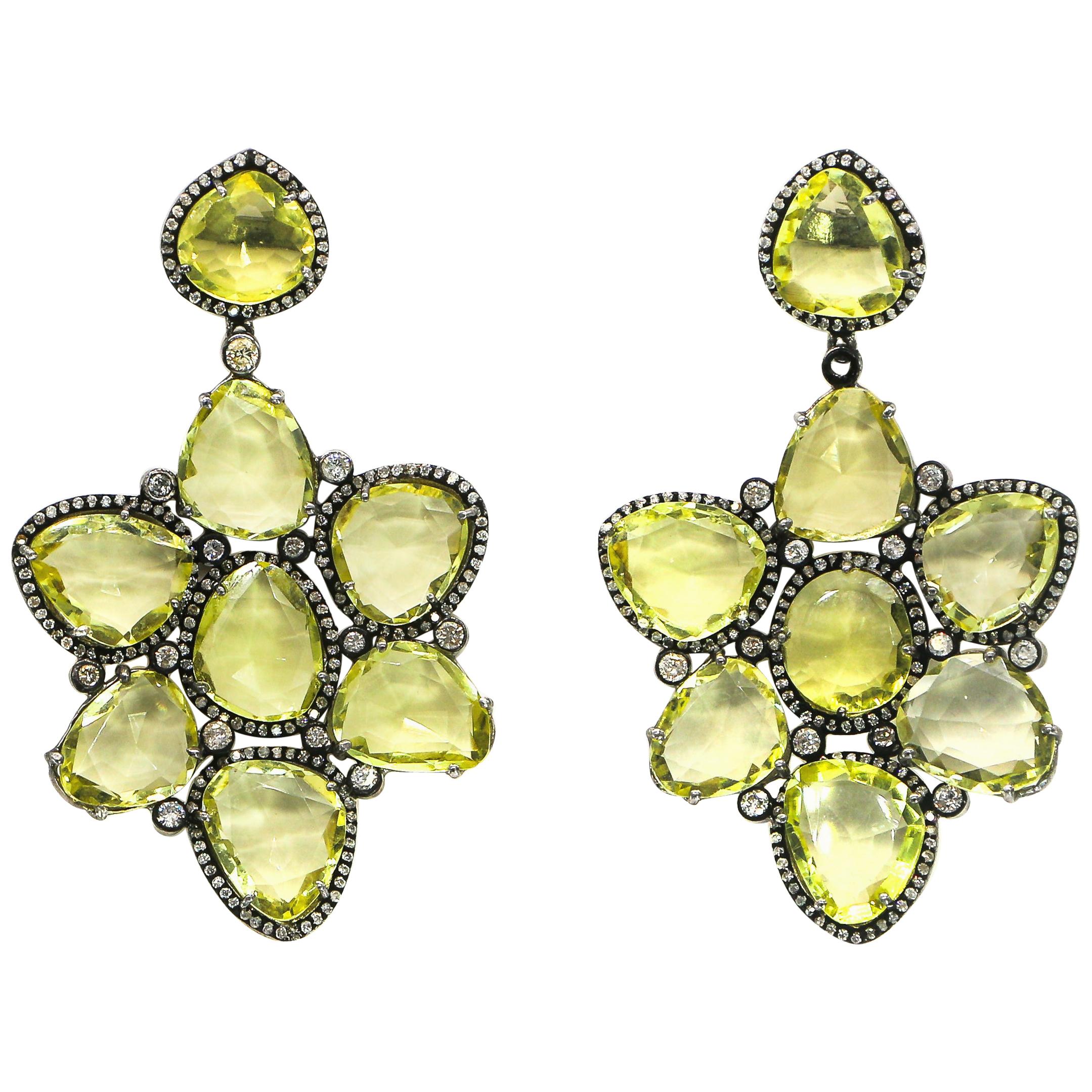 Lemon Quartz and Diamonds Earrings 14 Karat Gold and Silver