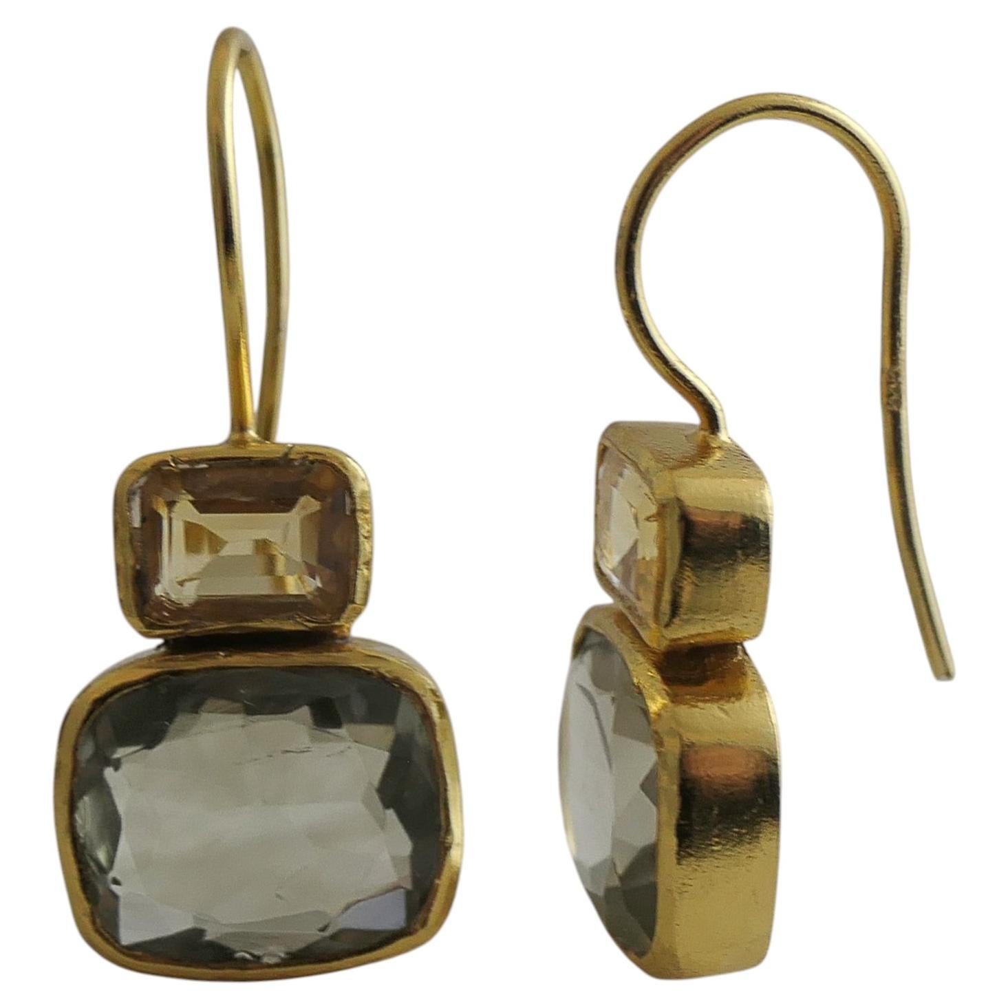Lemon Quartz and Green Amethyst Gold Plated Sterling Silver Drop Dangle Earrings