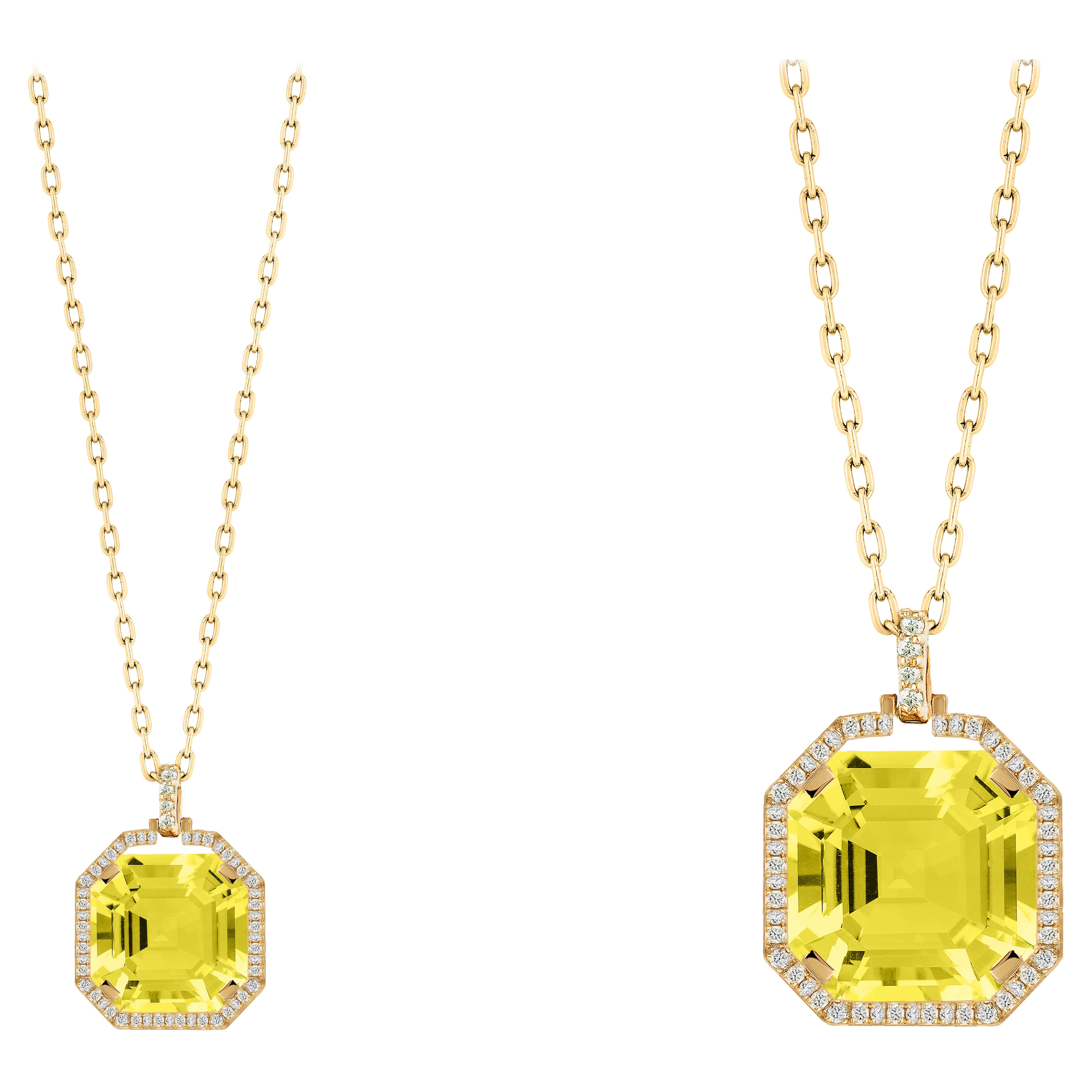 Lemon Quartz Asscher Cut Pendant With Diamonds In 18K Yellow Gold