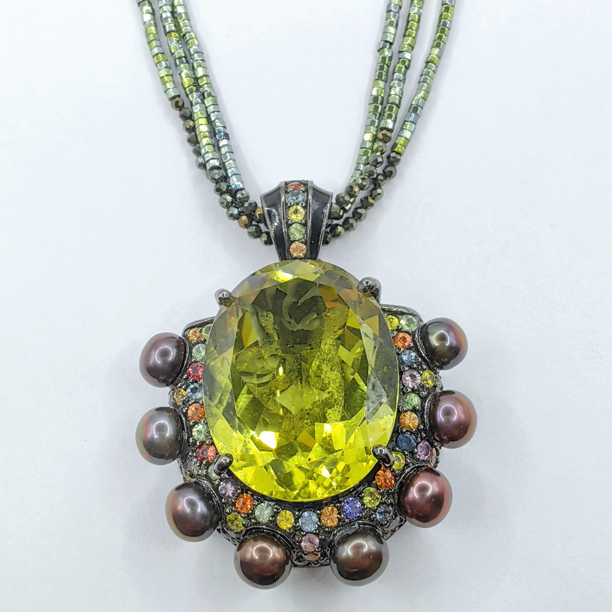 Contemporary Lemon Quartz, Black Pearl, Hematite & Mixed Sapphires Beaded Statement Necklace