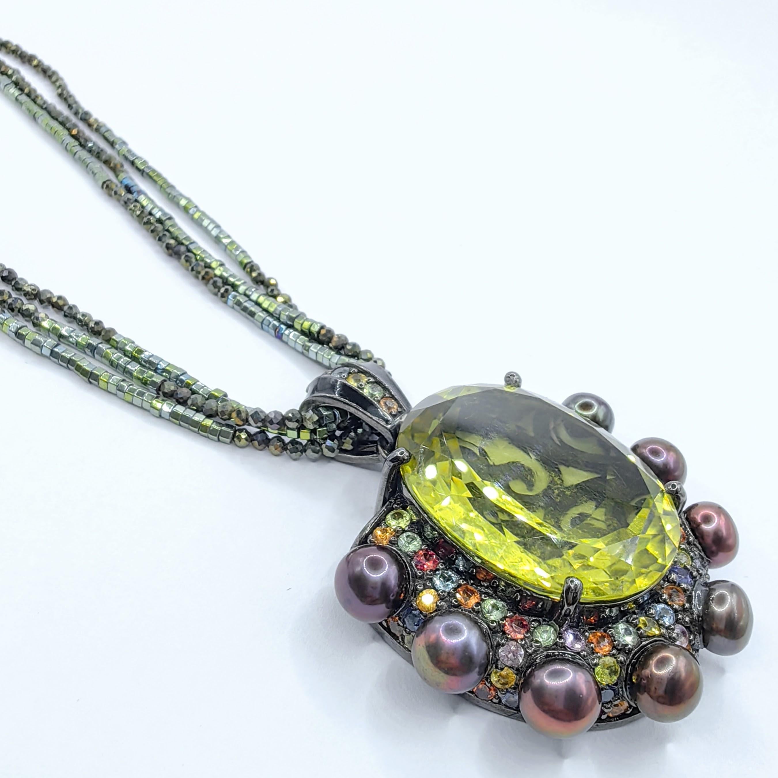 Oval Cut Lemon Quartz, Black Pearl, Hematite & Mixed Sapphires Beaded Statement Necklace