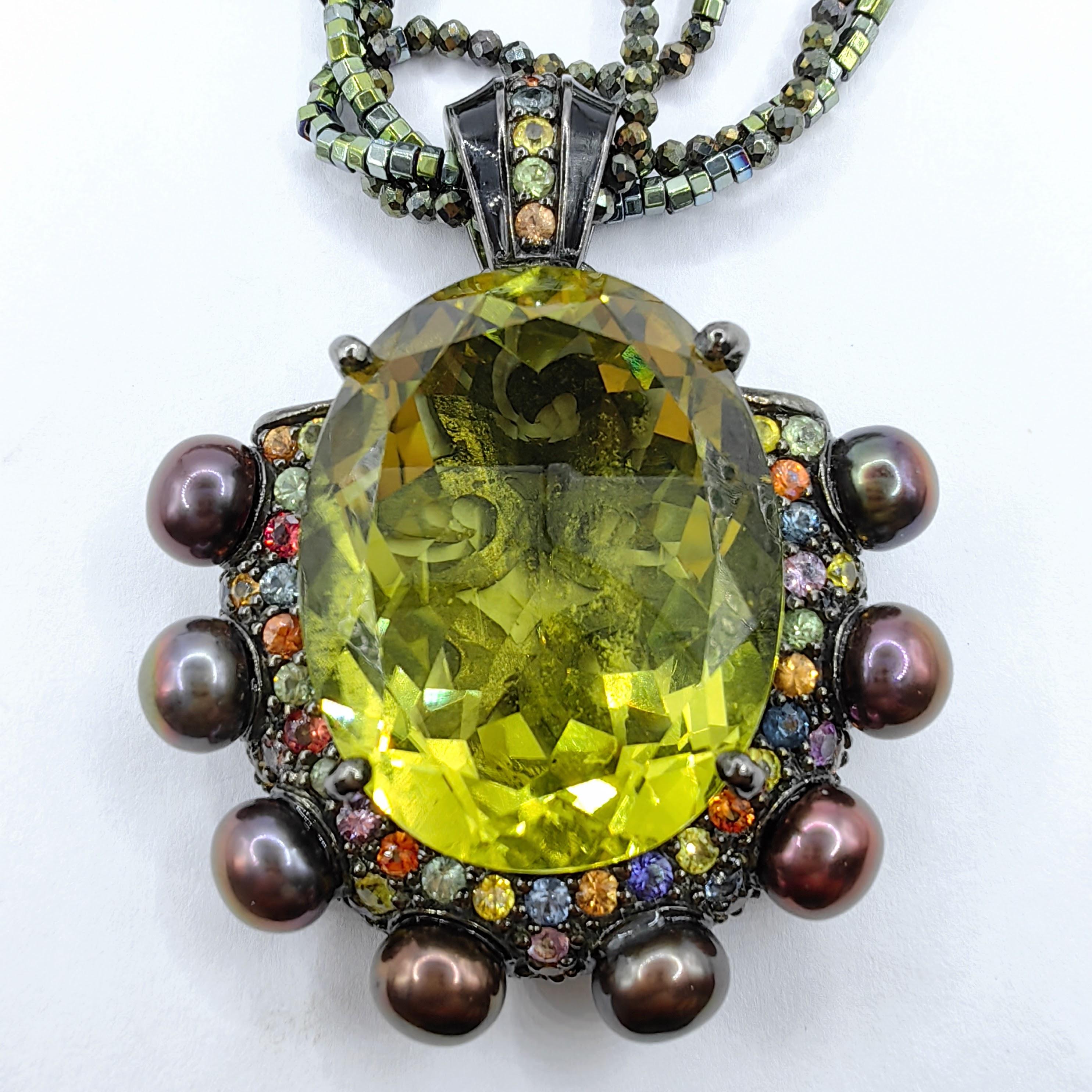 Women's or Men's Lemon Quartz, Black Pearl, Hematite & Mixed Sapphires Beaded Statement Necklace