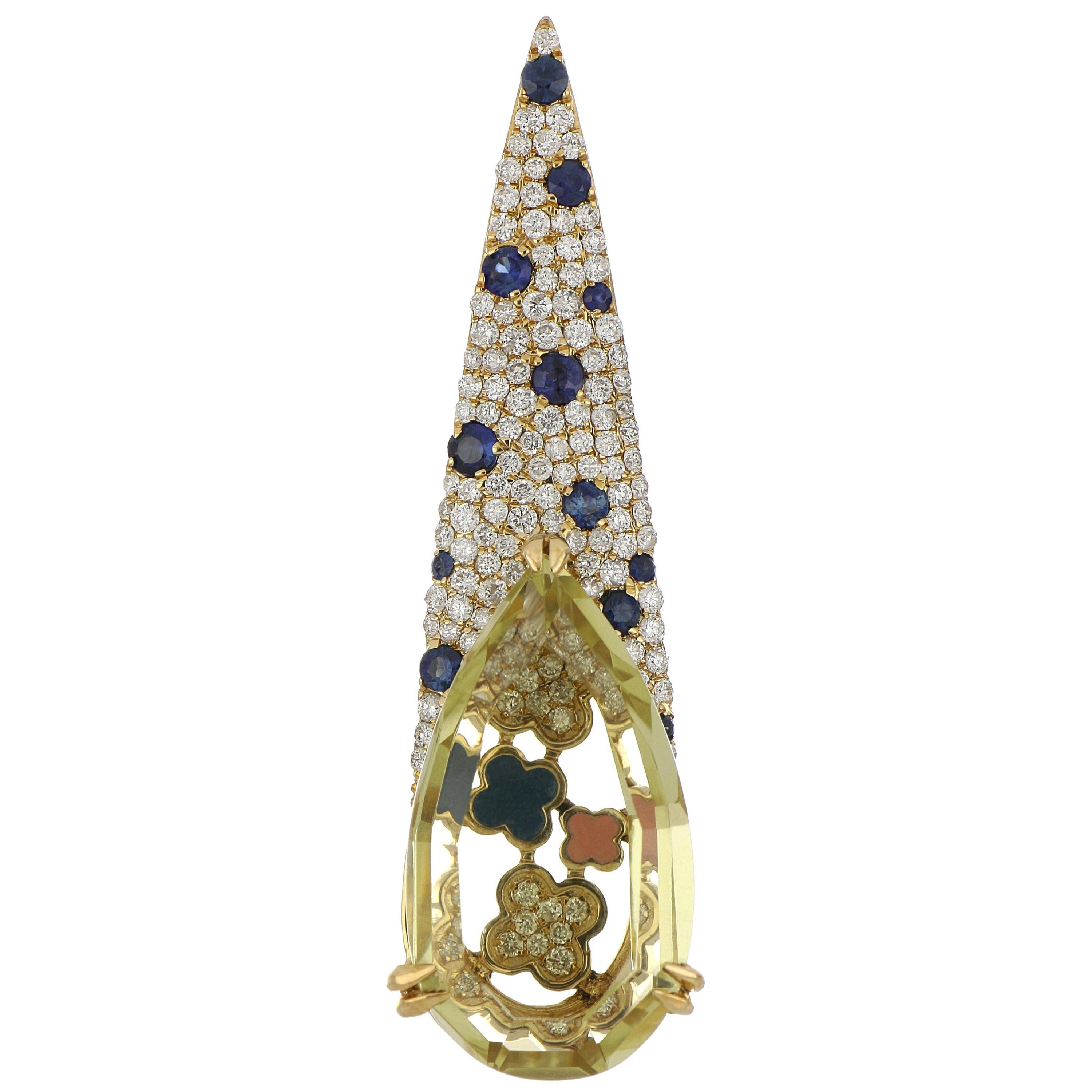 Lemon Quartz, Blue Sapphire & Diamond Studded Pendant in 14 Karat Yellow Gold