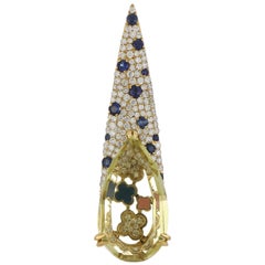 Pendentif clouté en or jaune 14 carats, quartz citron, saphir bleu et diamants