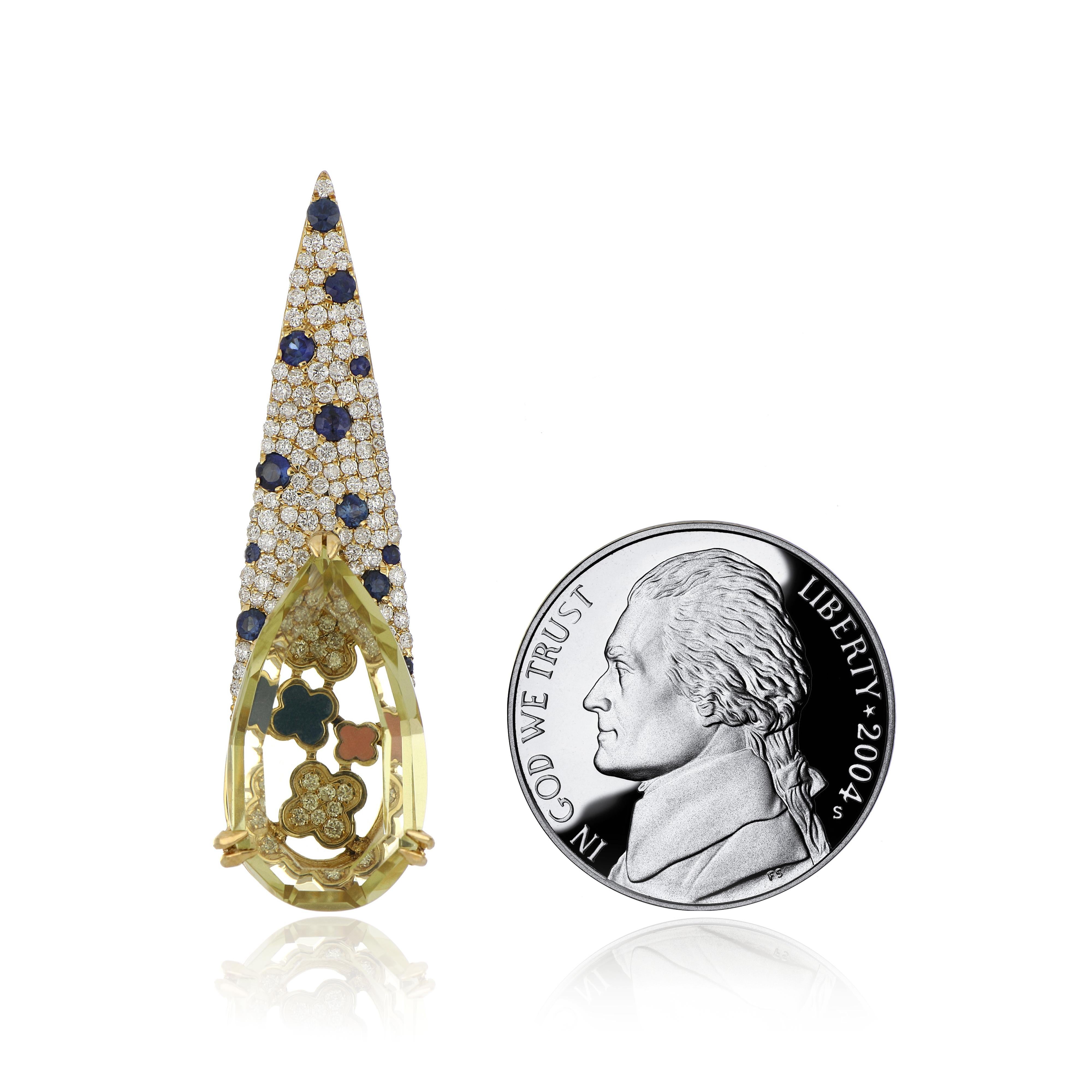 Pendentif en or jaune 14 carats serti de quartz citron, saphir bleu et diamant Neuf - En vente à JAIPUR, IN