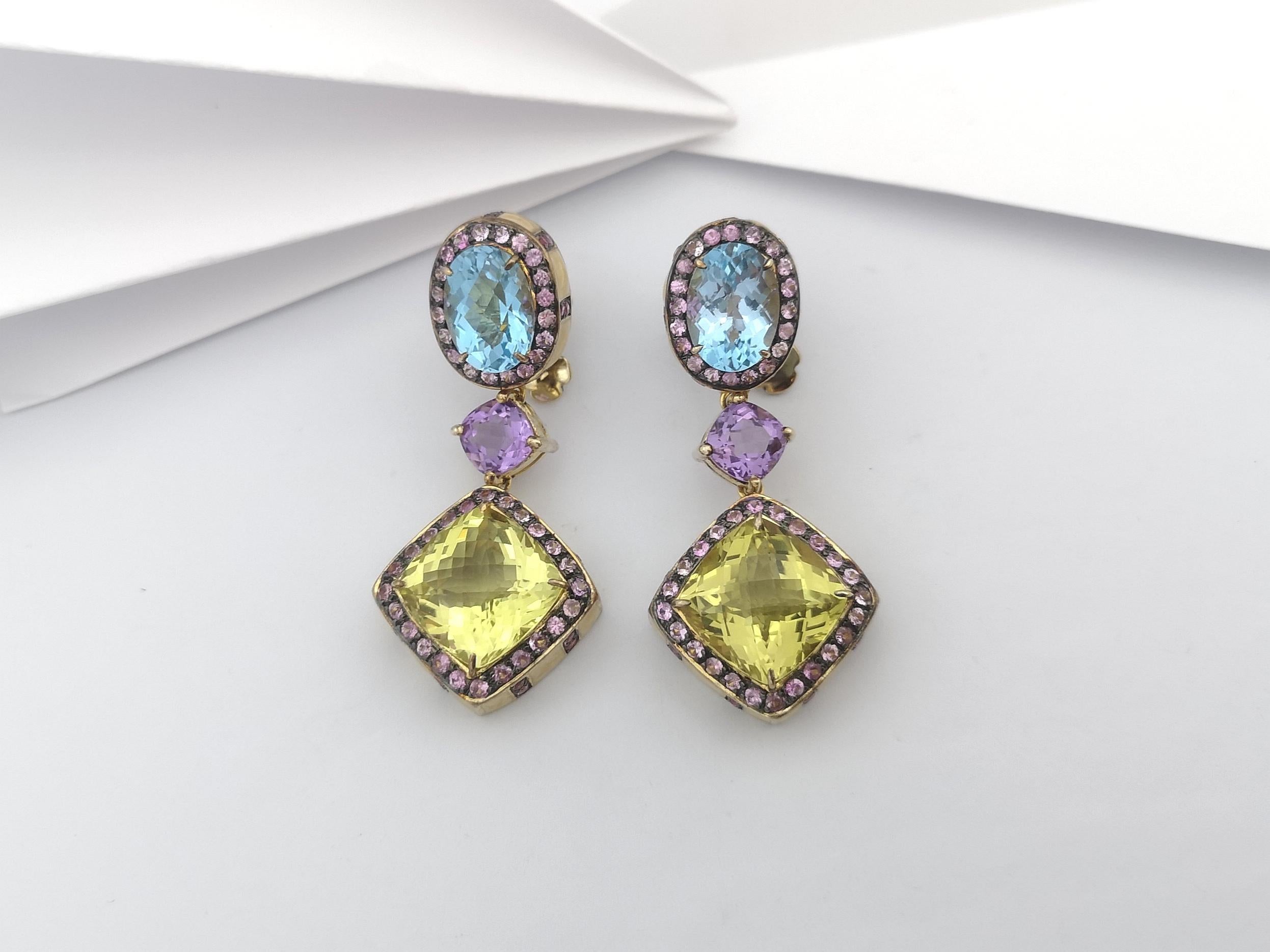 Lemon Quartz, Blue Topaz, Amethyst and Sapphire Earrings set in Silver Settings For Sale 4