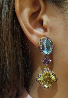 Lemon Quartz, Blue Topaz, Amethyst and Sapphire Earrings set in Silver Settings
