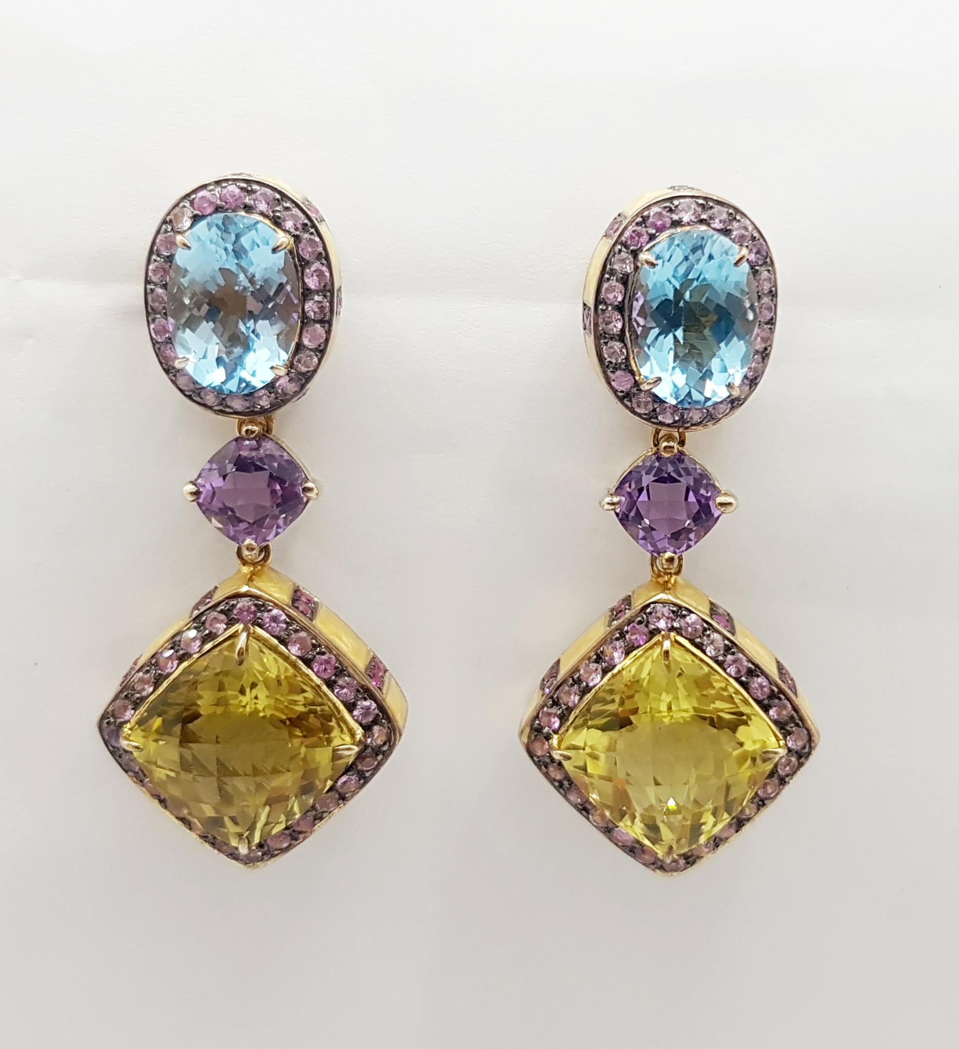 Contemporary Lemon Quartz, Blue Topaz, Amethyst and Sapphire Earrings set in Silver Settings For Sale