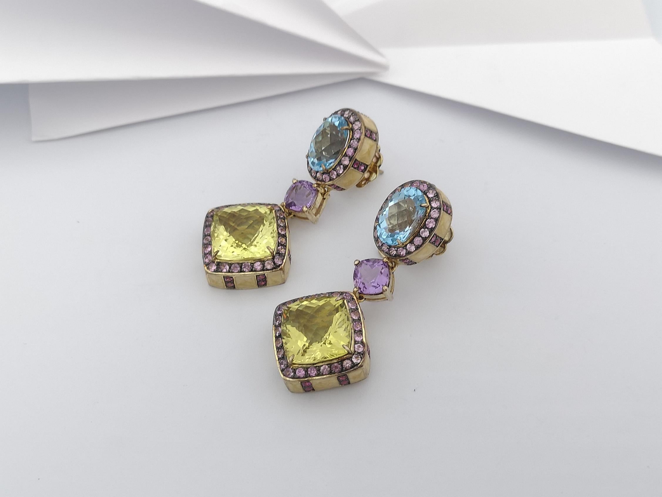 Lemon Quartz, Blue Topaz, Amethyst and Sapphire Earrings set in Silver Settings In New Condition For Sale In Dusit, 10