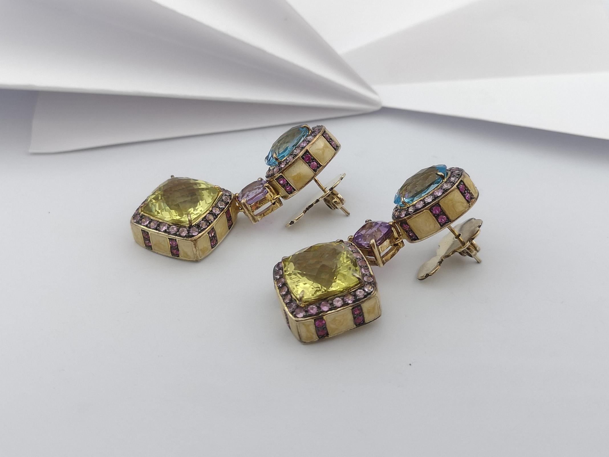 Women's or Men's Lemon Quartz, Blue Topaz, Amethyst and Sapphire Earrings set in Silver Settings For Sale