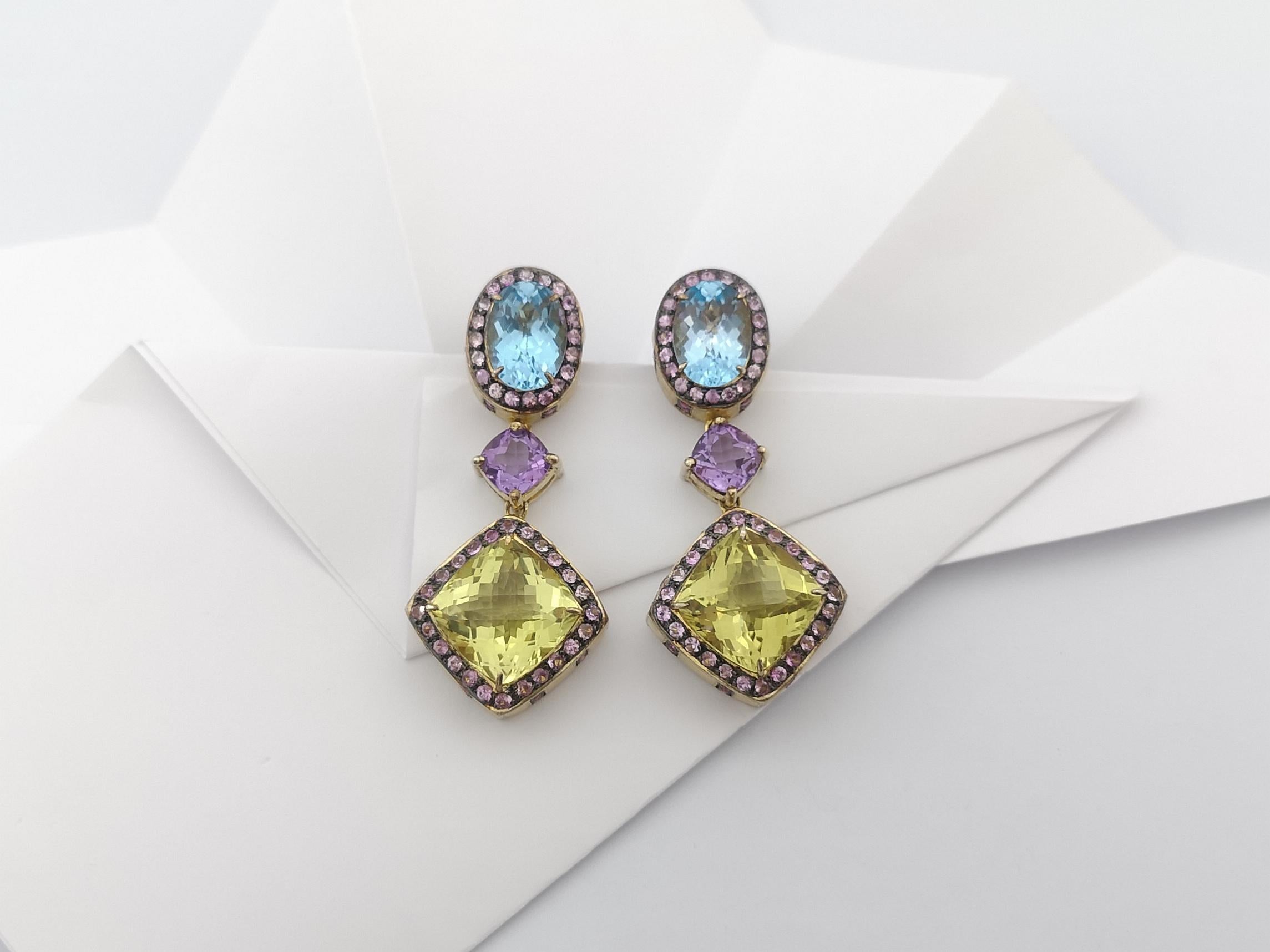 Lemon Quartz, Blue Topaz, Amethyst and Sapphire Earrings set in Silver Settings For Sale 2